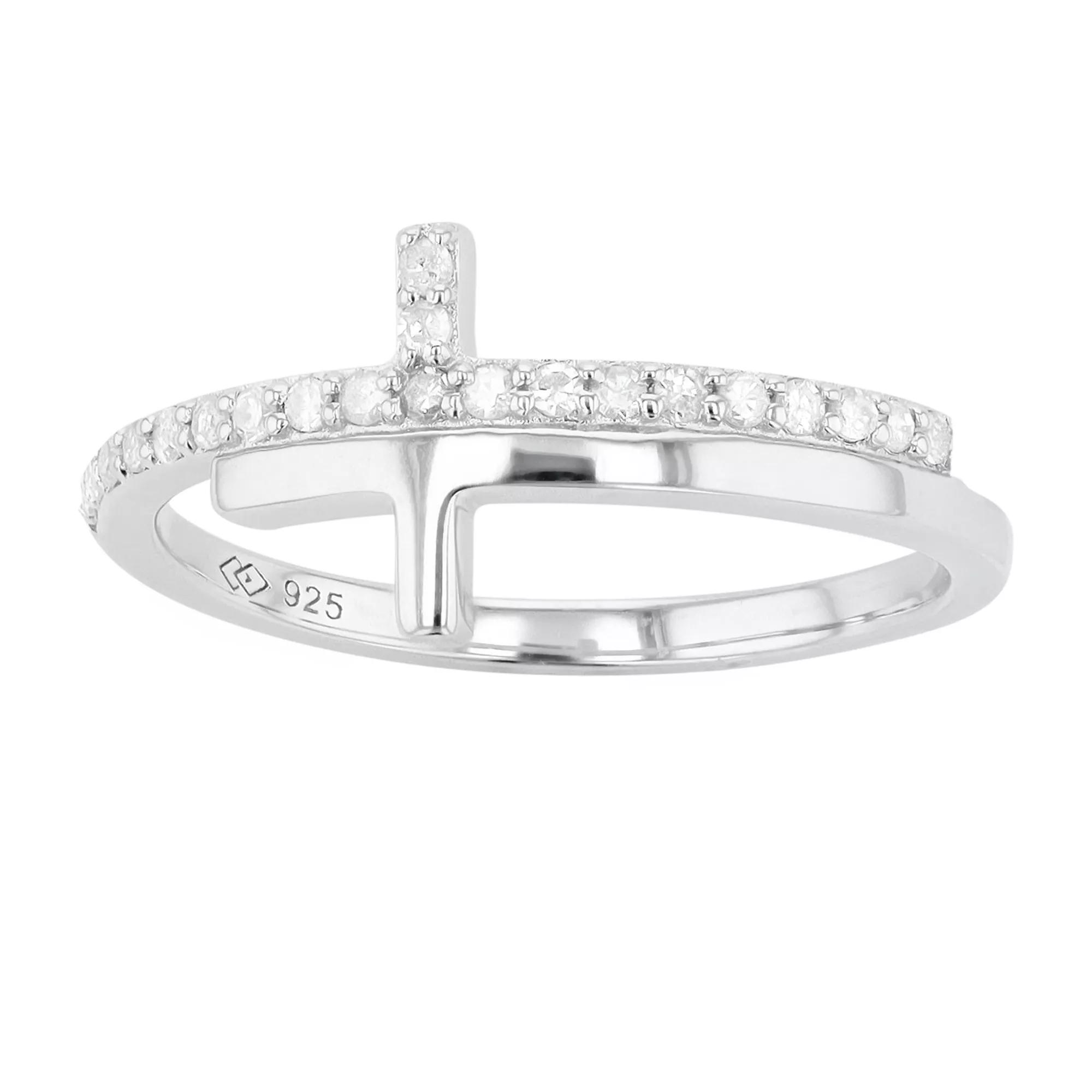 Sterling Silver 1/6 Carat T.W. Diamond Sideways Cross Ring, Women's,  Product Image