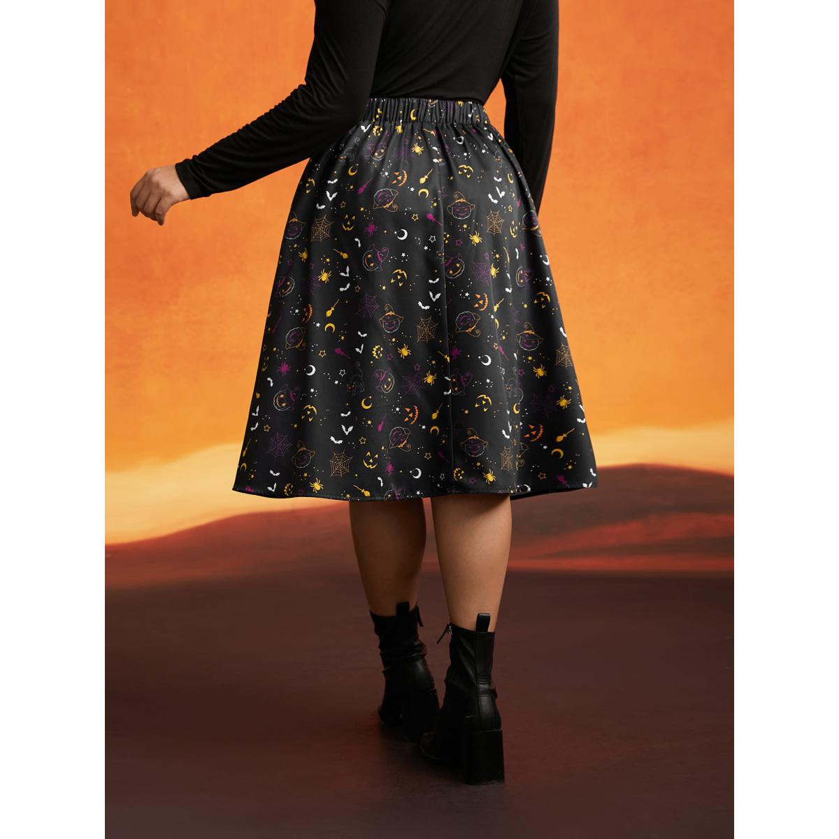 Plus Size Pumpkin Dance Printed Knee-Length Skirt Women Black Cocktail Non No stretch Slanted pocket Party Skirts BloomChic 22-24/3X Product Image