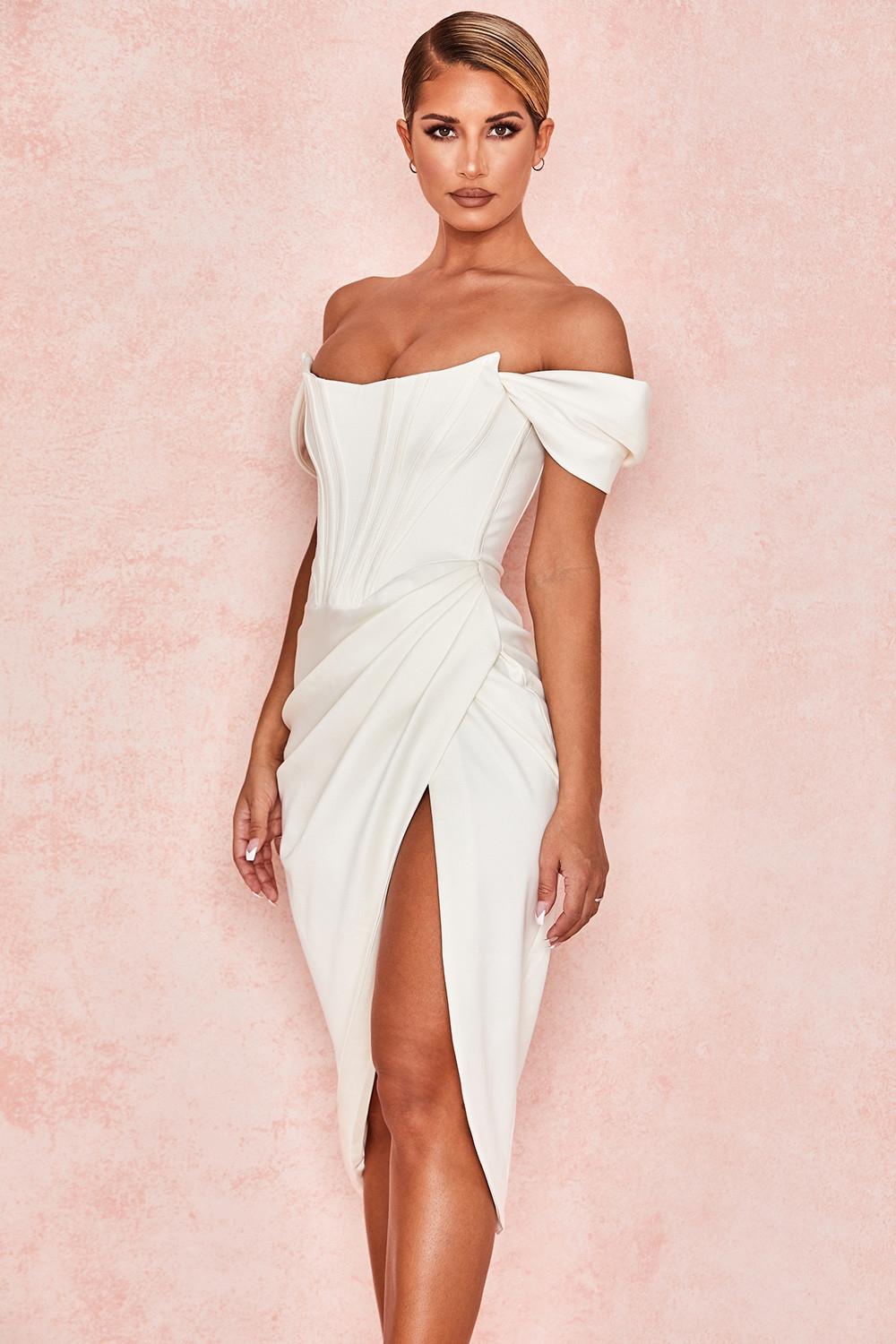 Loretta  ivory satin off shoulder dress Product Image