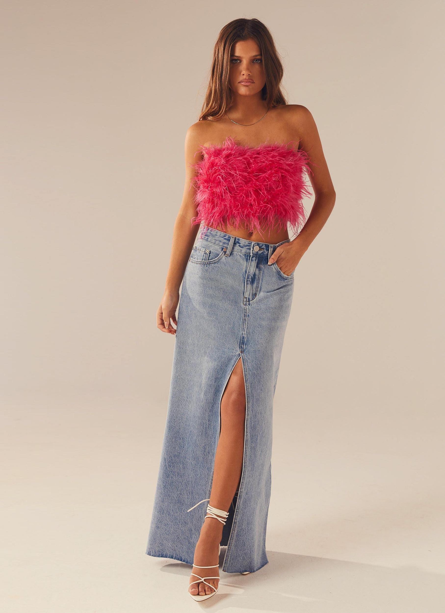 The Night Is Ours Feather Crop Top - Pink Cosmo Product Image