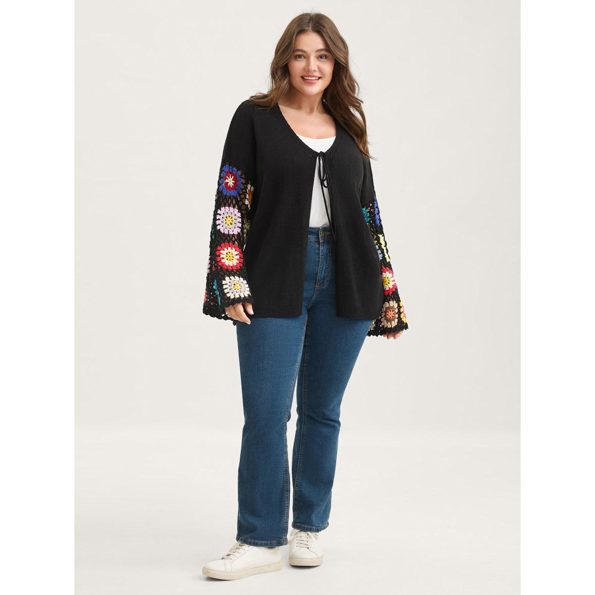 Plus Size Crochet Floral Tie Cut-Out Cardigan Black Women Playful Loose Long Sleeve Casual Cardigans BloomChic 18-20/2X Product Image