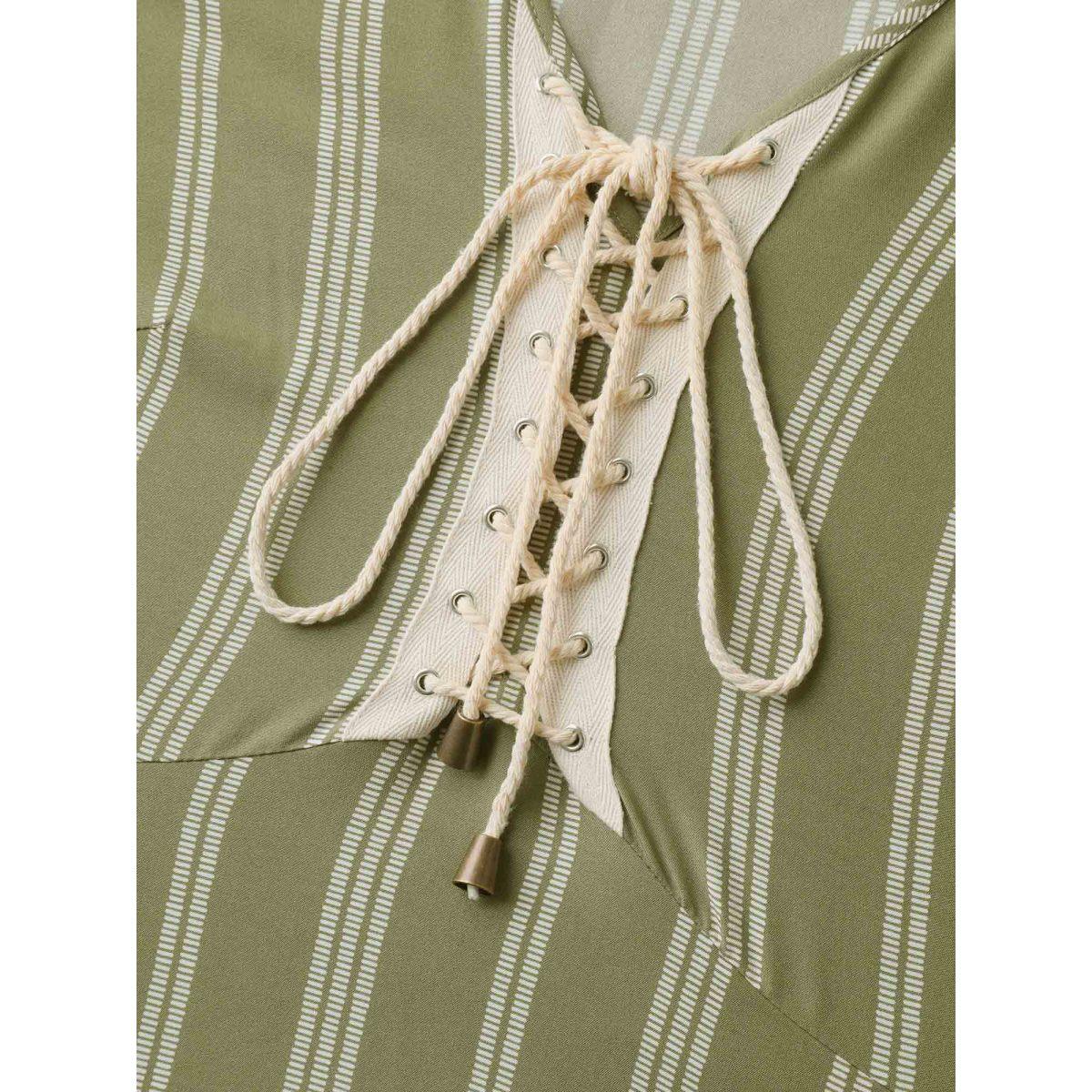 Plus Size Solid Stripes Bust Lace-Up Midi Dress Olive Women V-neck Sleeveless Curvy BloomChic 12/L Product Image