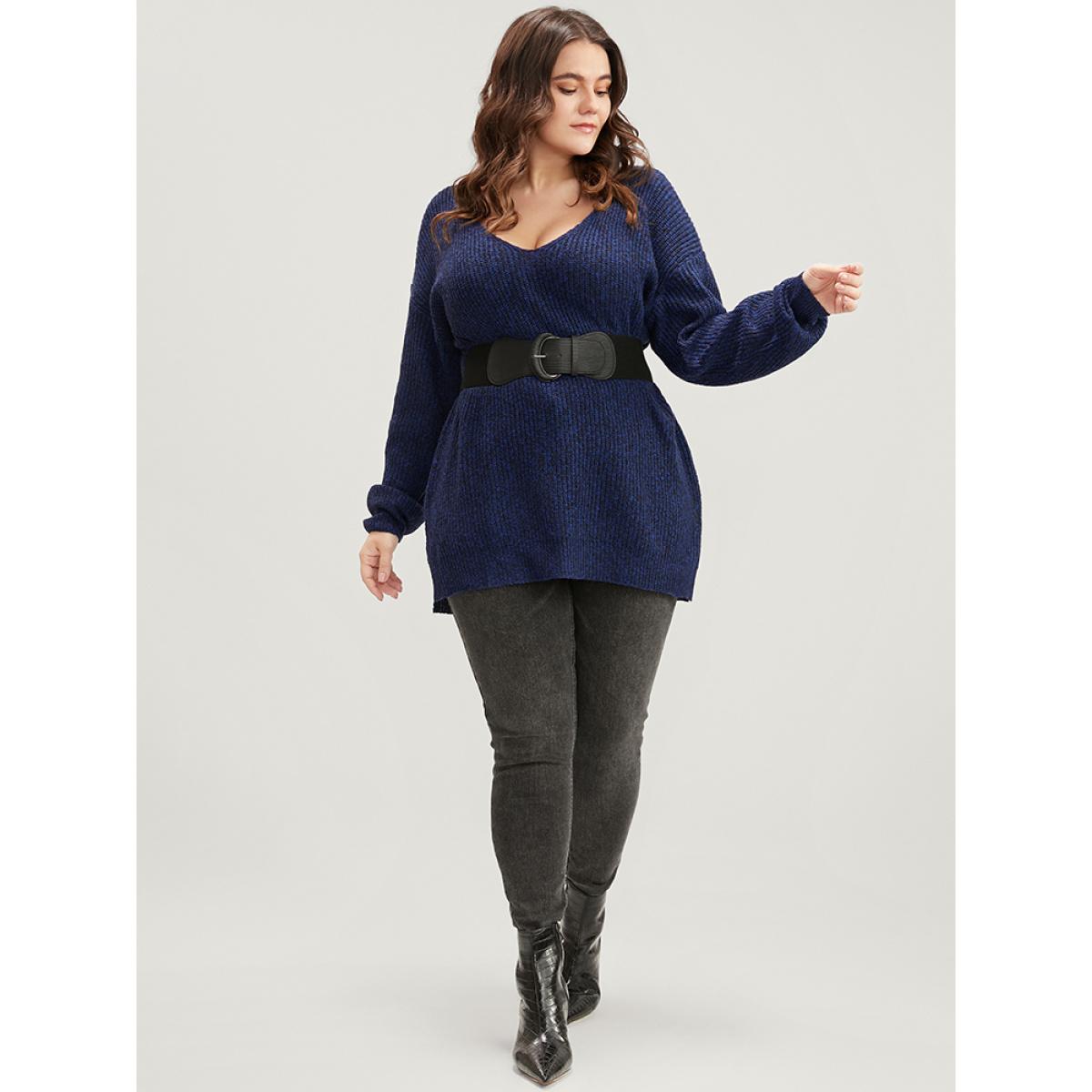 Plus Size Solid Pointelle Knit V Neck Split Hem Heather Knit Top DarkBlue Women Casual Loose Long Sleeve V-neck Dailywear Pullovers BloomChic 26/4X Product Image