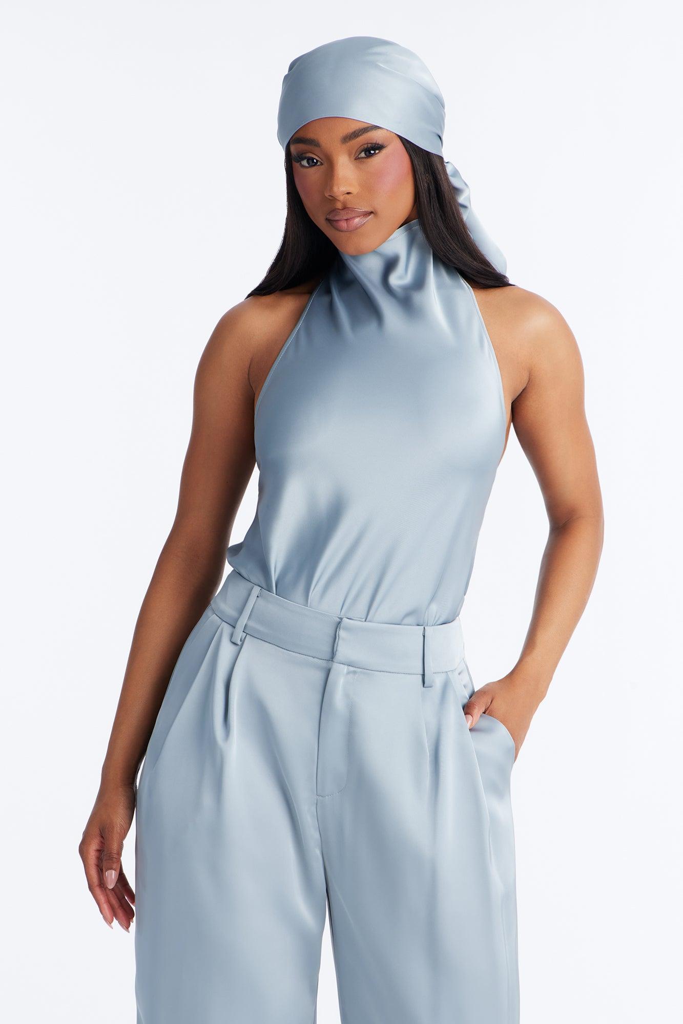 Isabelle Satin Halter Bodysuit 3 Piece Pant Set - Slate Blue Female Product Image