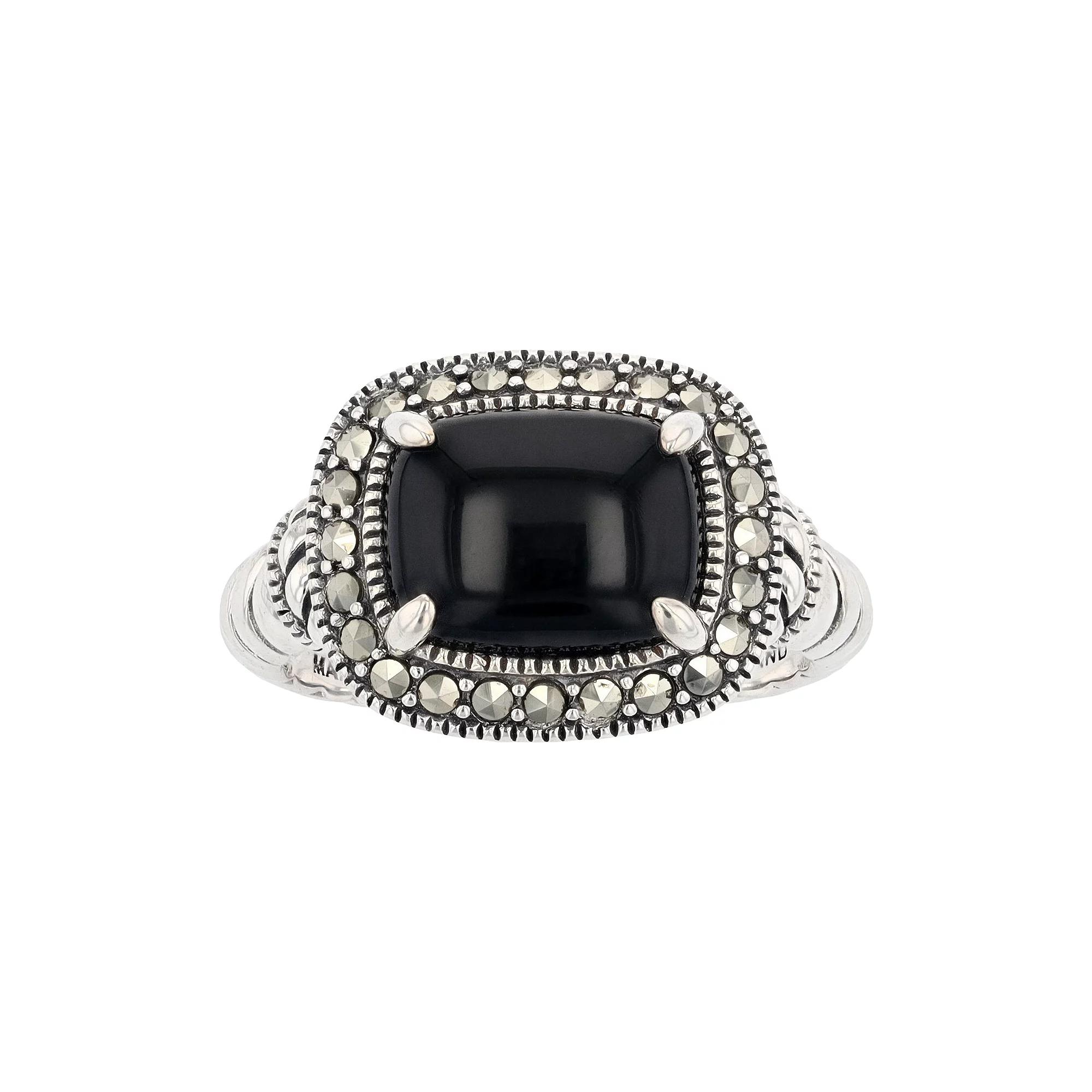 Lavish by TJM Sterling Silver Black Onyx & Marcasite Cushion Ring, Women's, Size: 6 Product Image