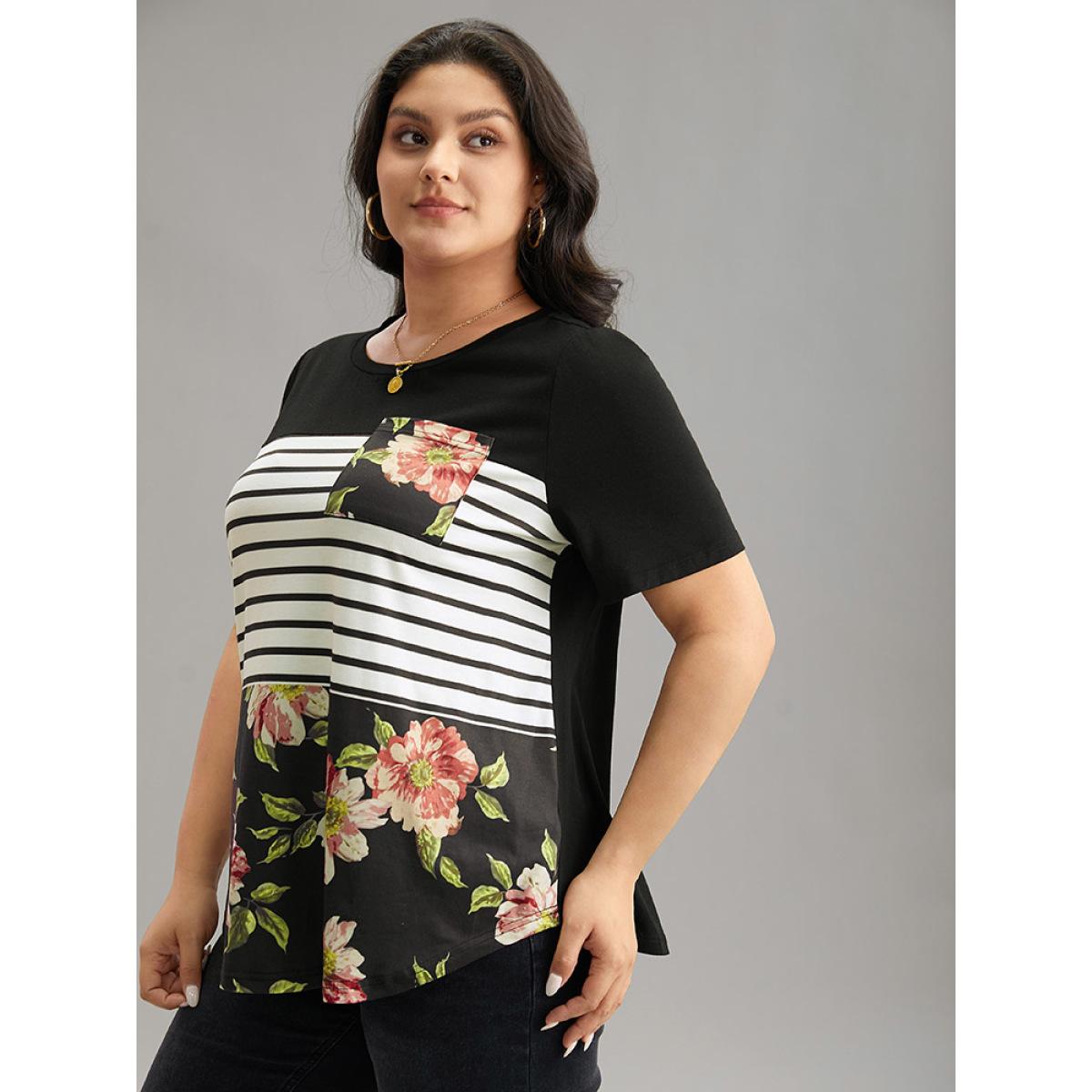 Plus Size Floral Striped Patchwork Patched Pocket T-shirt Black Women Casual Printed Striped Round Neck Dailywear T-shirts BloomChic 26/4X Product Image