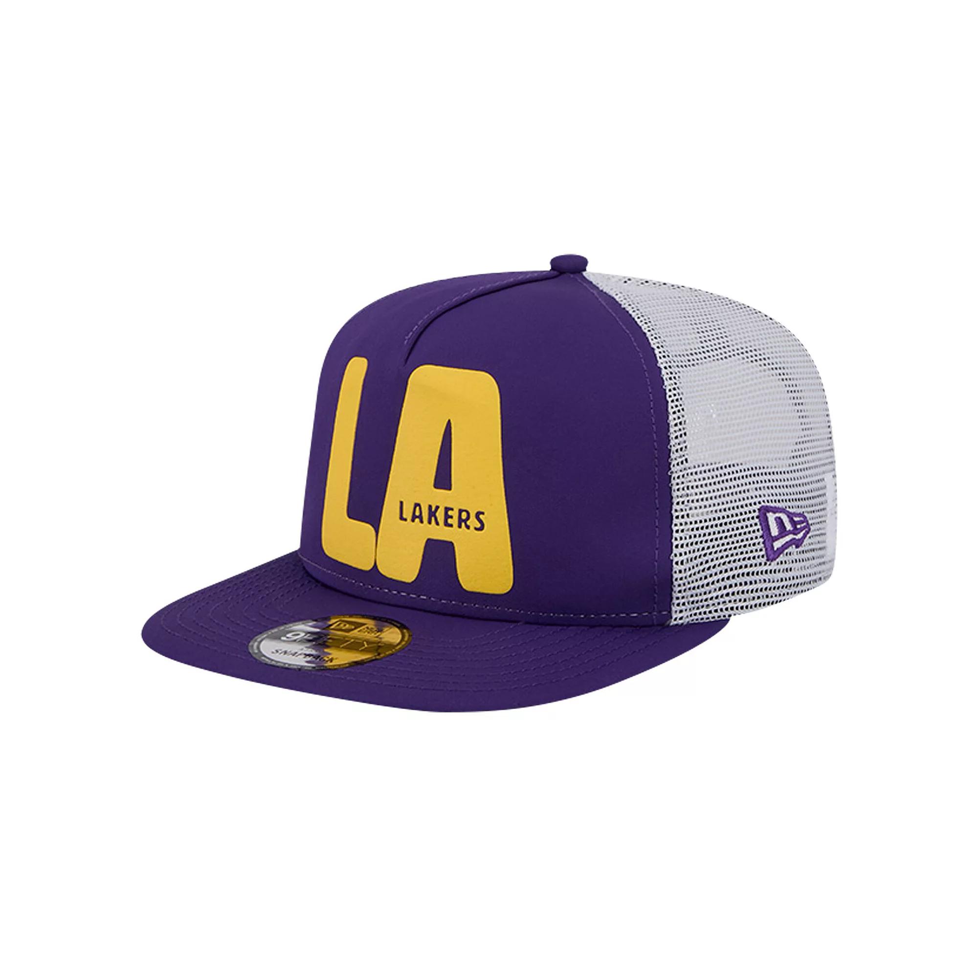 Men's New Era Purple Los Angeles Lakers Puff Print Team Code A-Frame 9FIFTY Trucker Snapback Hat Product Image