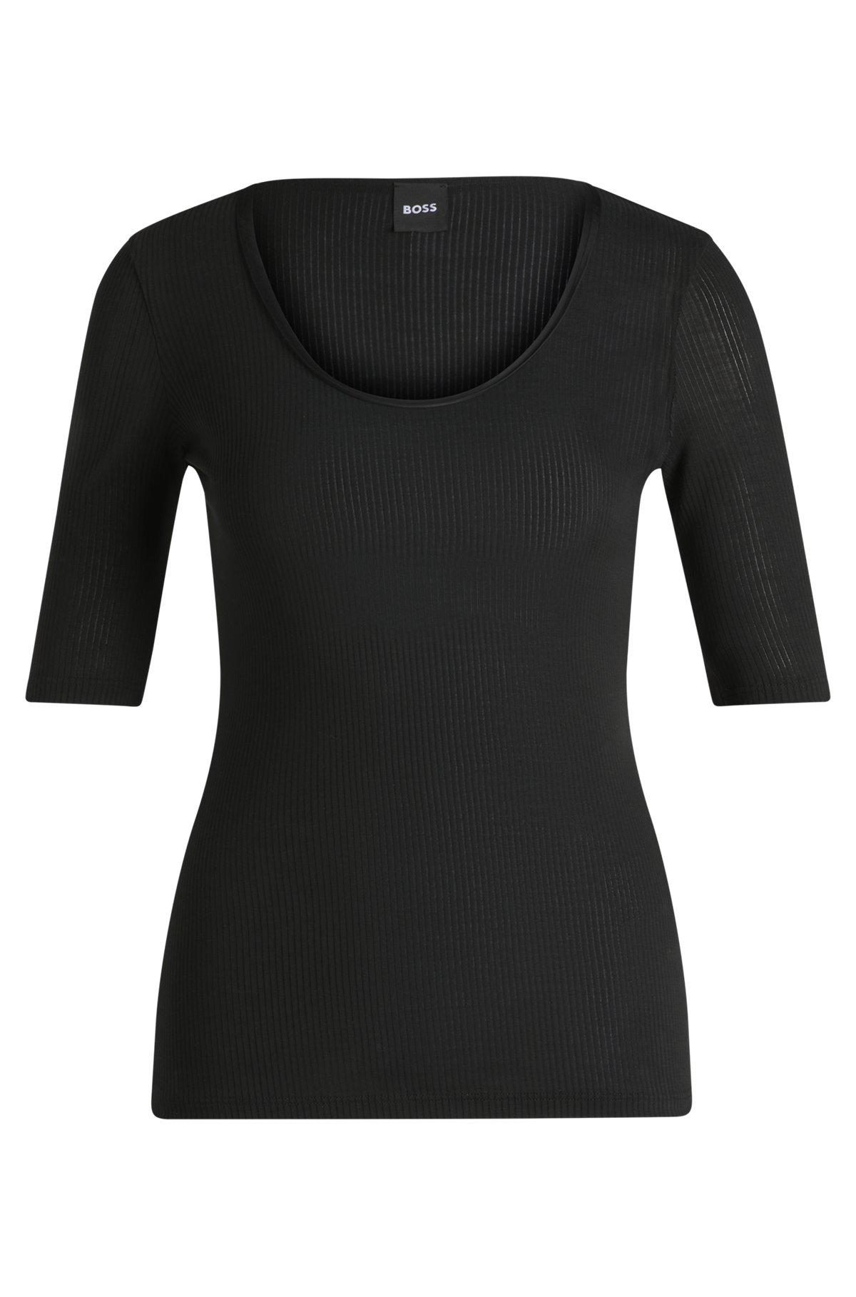 Scoop-neck T-shirt in ribbed stretch fabric Product Image