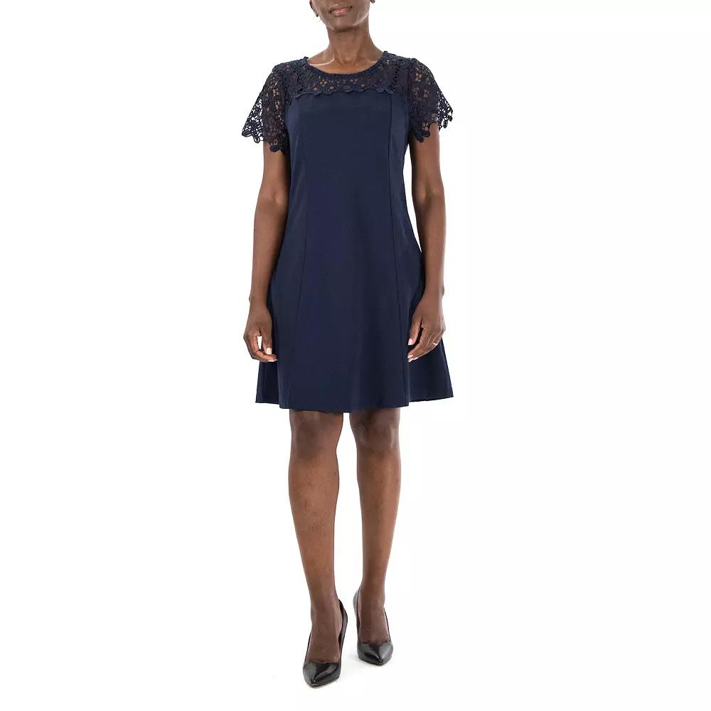Women's Nina Leonard Lace-Yoke Cap Sleeve A-Line Dress,  Product Image