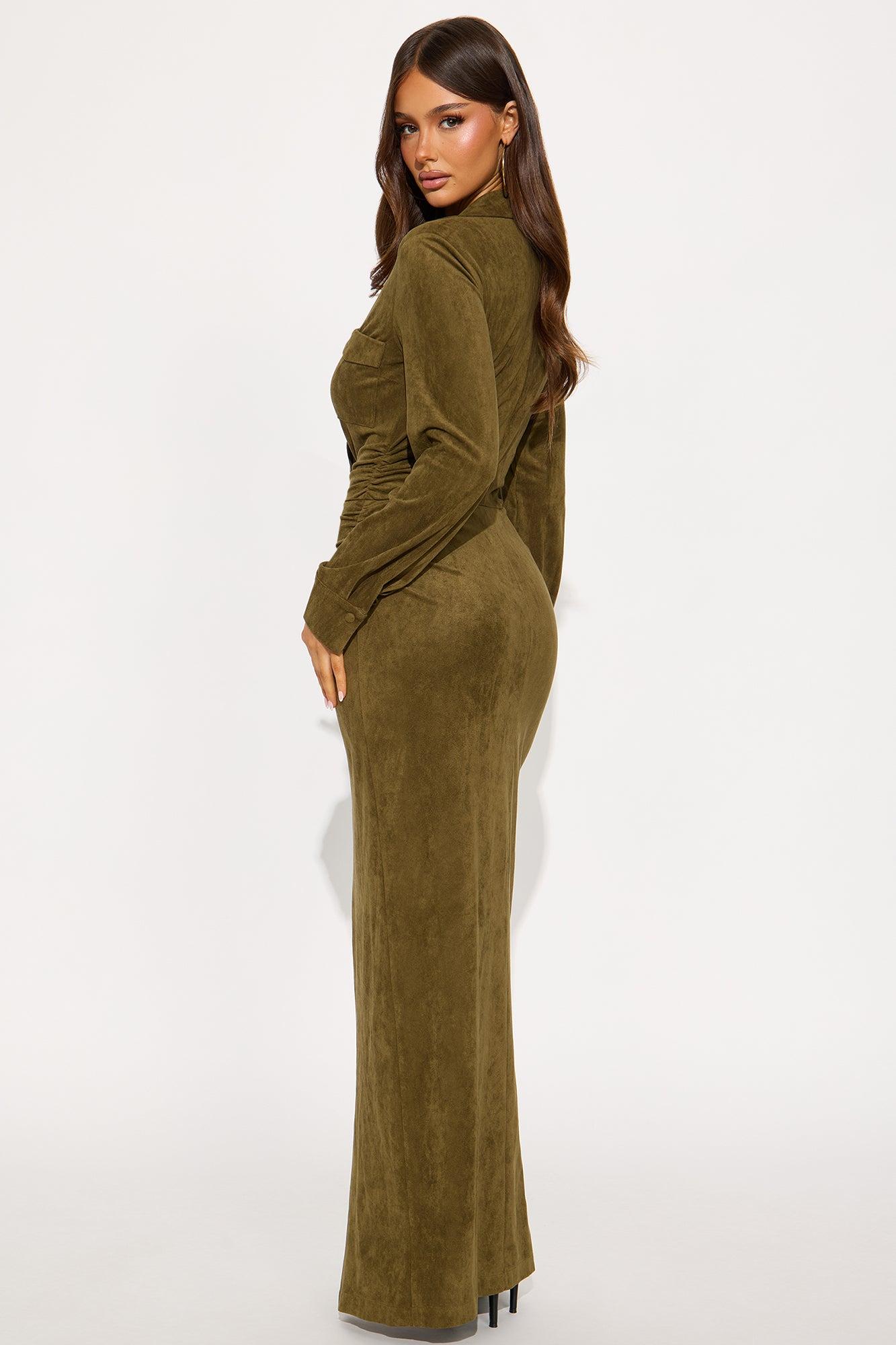 Noelle Suede Maxi Shirt Dress - Olive Female Product Image