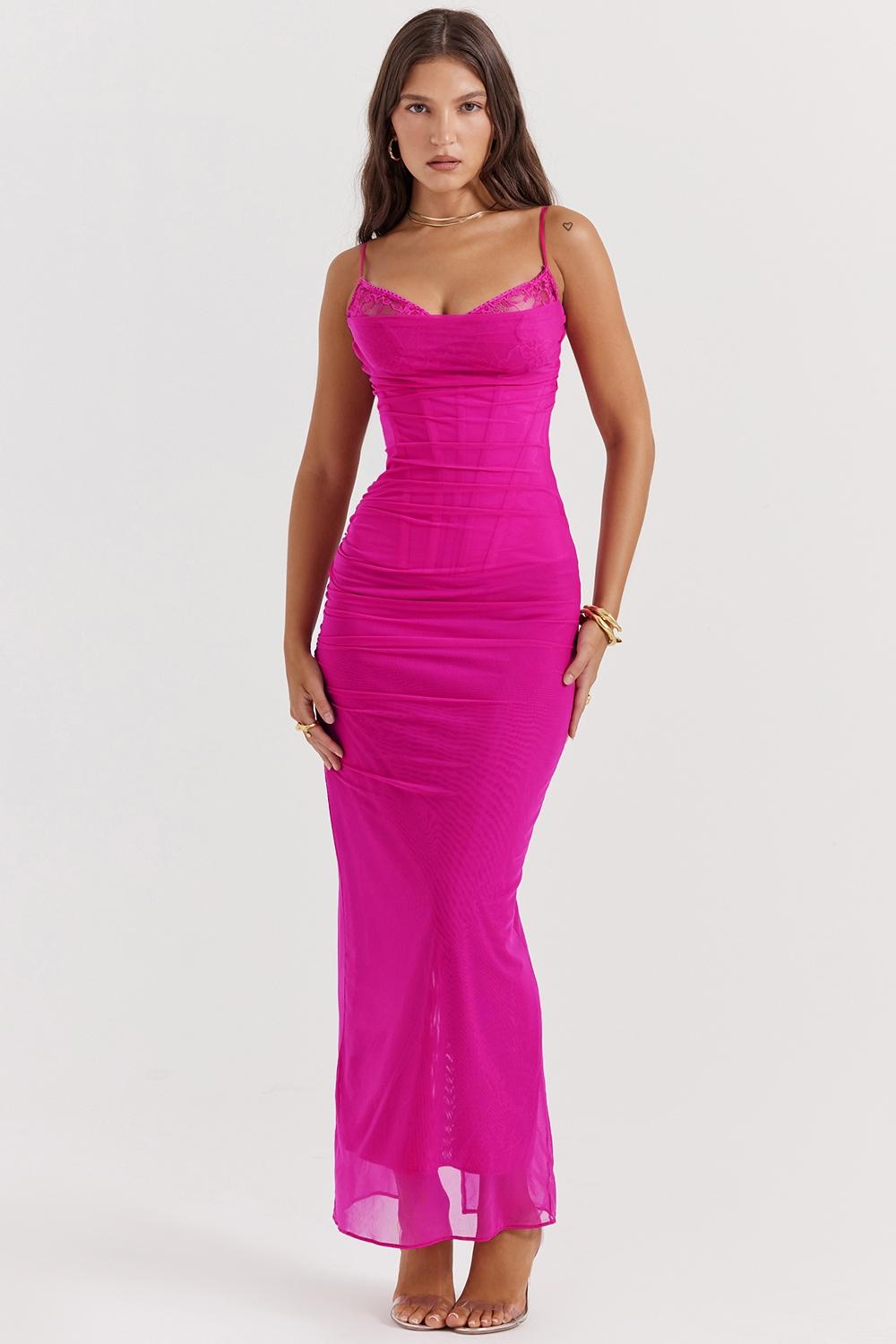 Nalini  fuchsia stretch mesh maxi dress Product Image