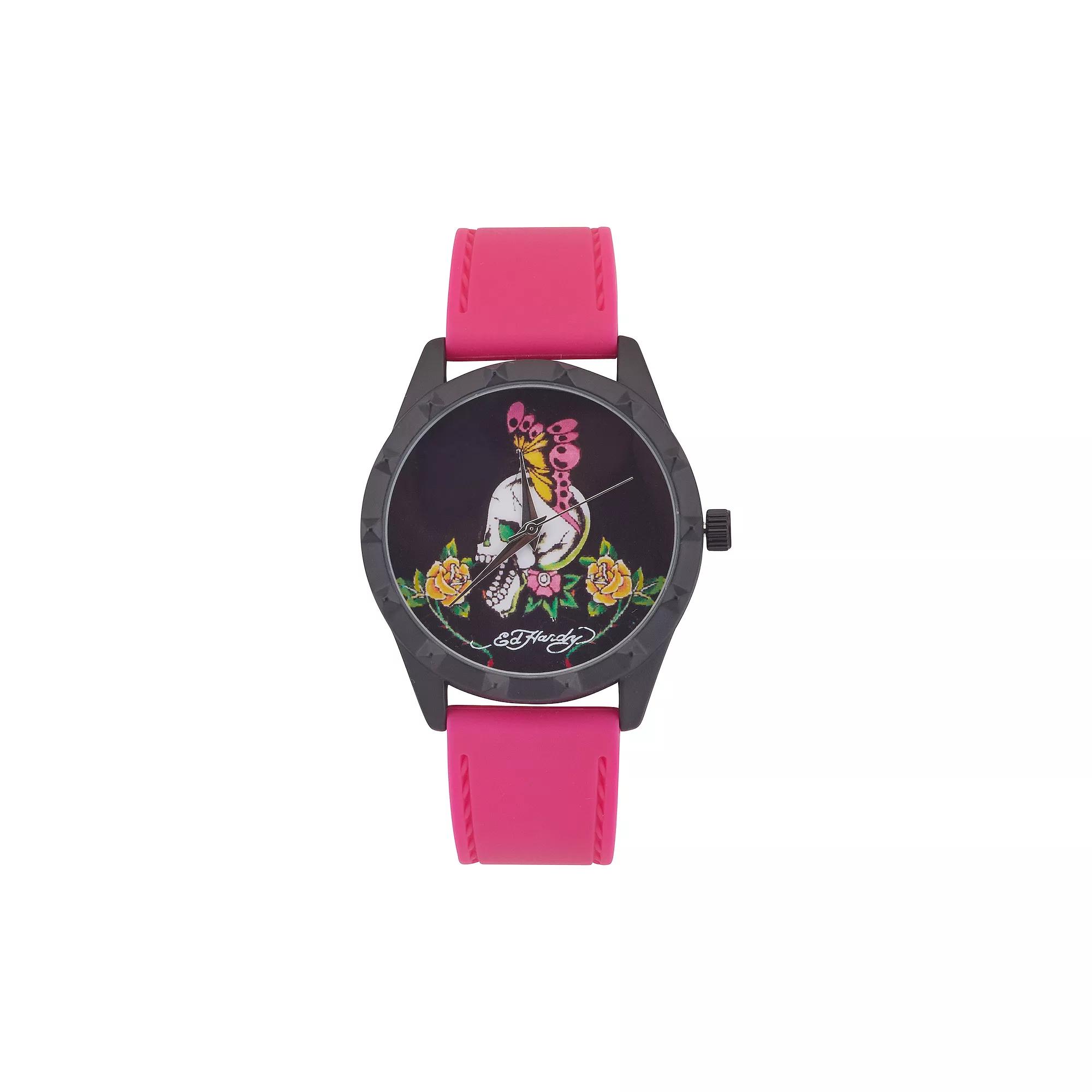Ed Hardy Women's Skull & Butterfly Dial Fuchsia Silicone Strap Watch, Size: Large, Pink Product Image