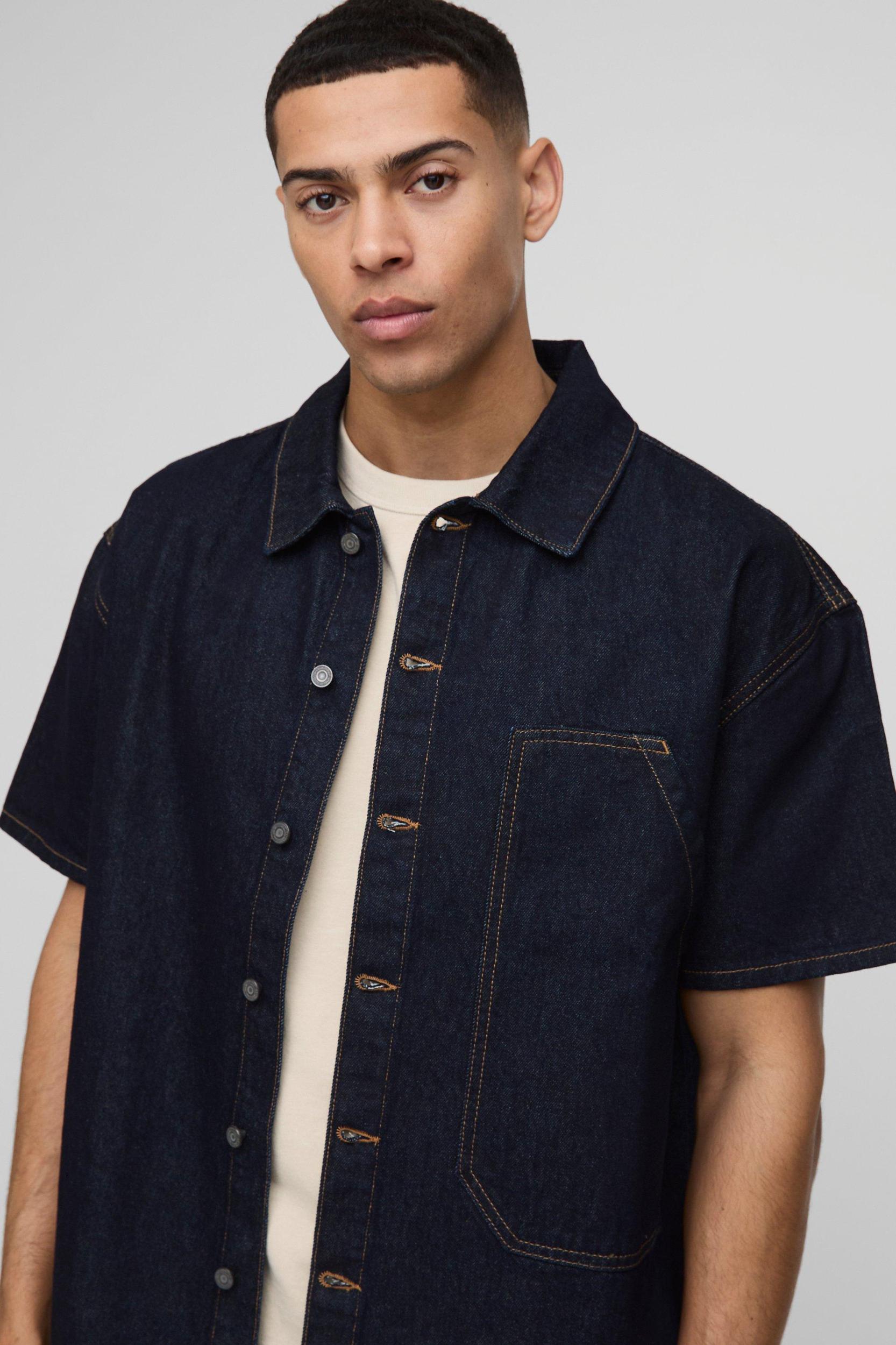 Oversized Carpenter Pocket Indigo Denim Shirt | boohooMAN USA Product Image