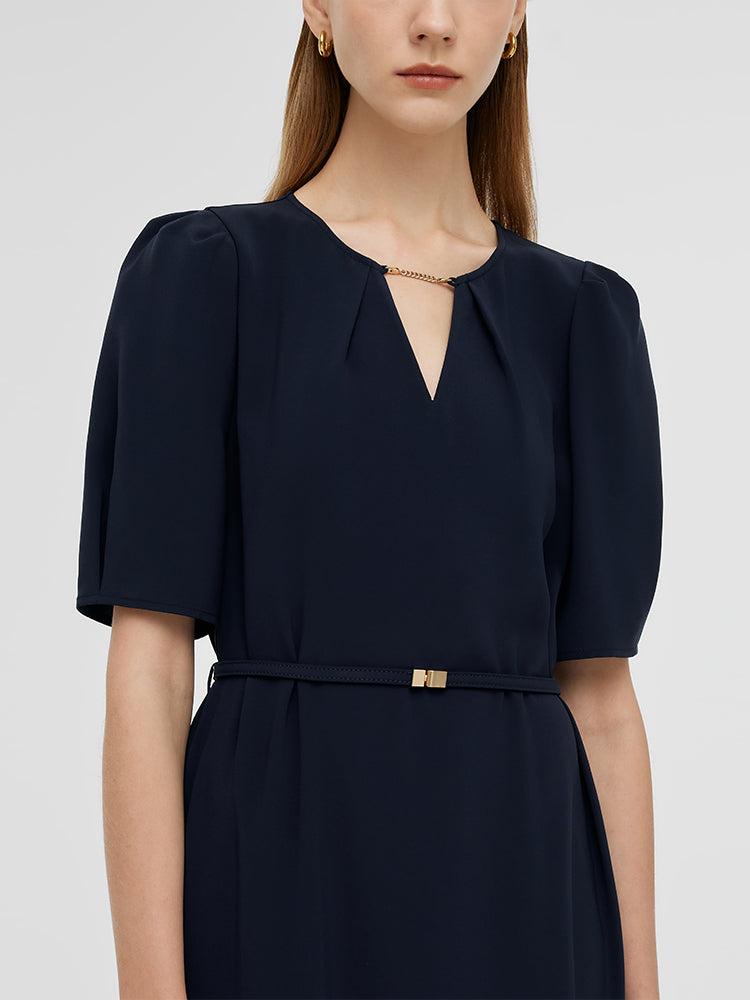 Triacetate Cut-Out Neck Women Midi Dress With Belt Product Image
