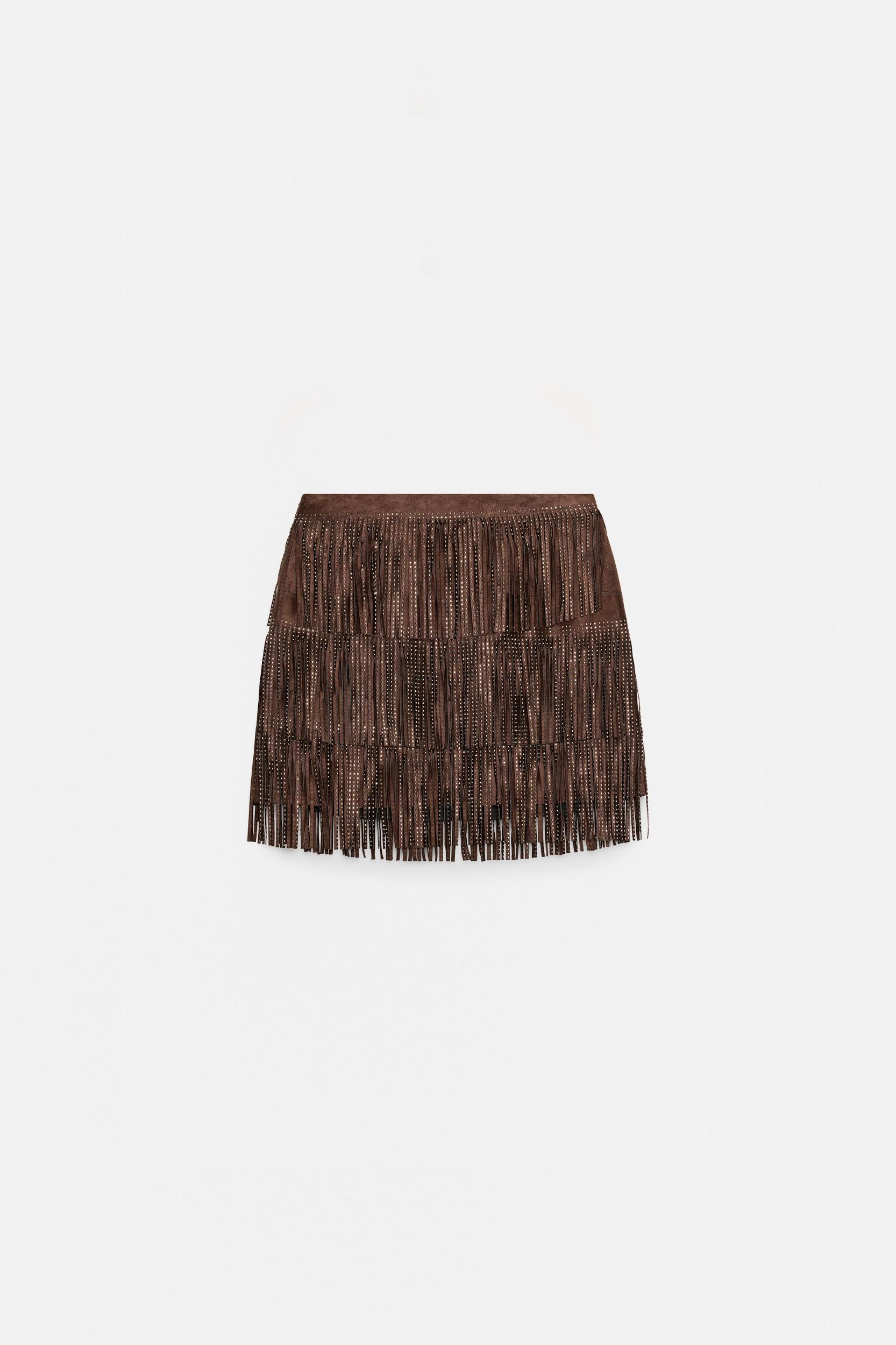 SHIMMERING FAUX SUEDE FRINGE SKIRT Product Image
