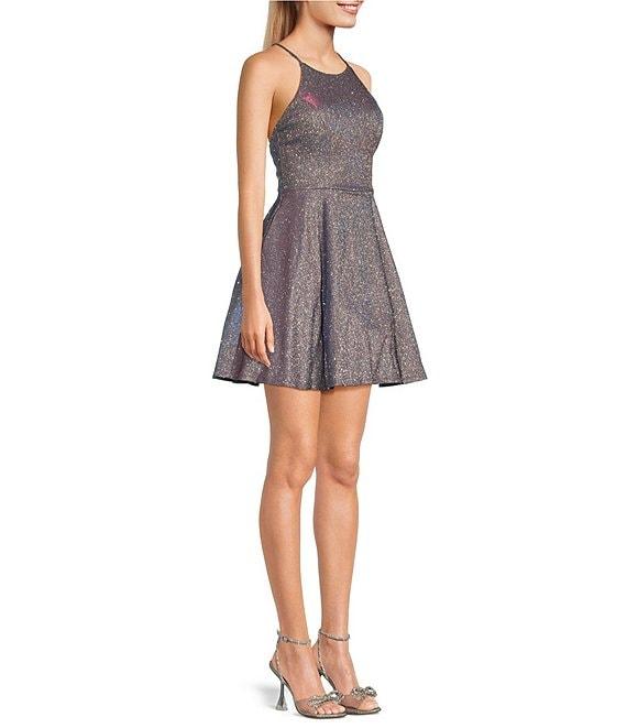 City Vibe Spaghetti-Strap X-Back Box Pleat Sherri Shine Fit & Flare Party Mini Dress Product Image