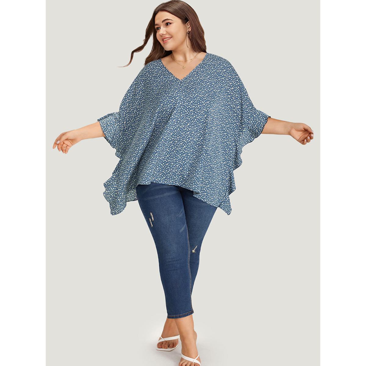 Plus Size Stone Leopard Print Ruffle Trim Asymmetrical Hem Batwing Sleeve Blouse Women Elegant Half Sleeve V-neck Dailywear Blouses BloomChic 10/M Product Image