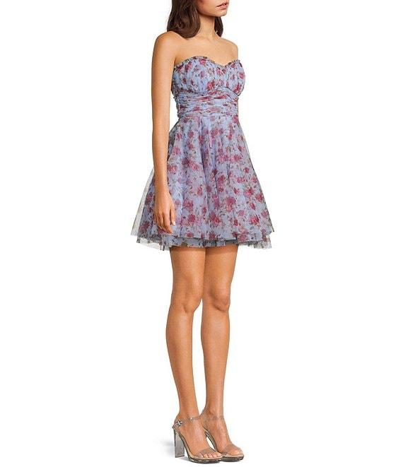 Pear Culture Floral Printed Mesh Strapless Corset Fit & Flare Dress Product Image
