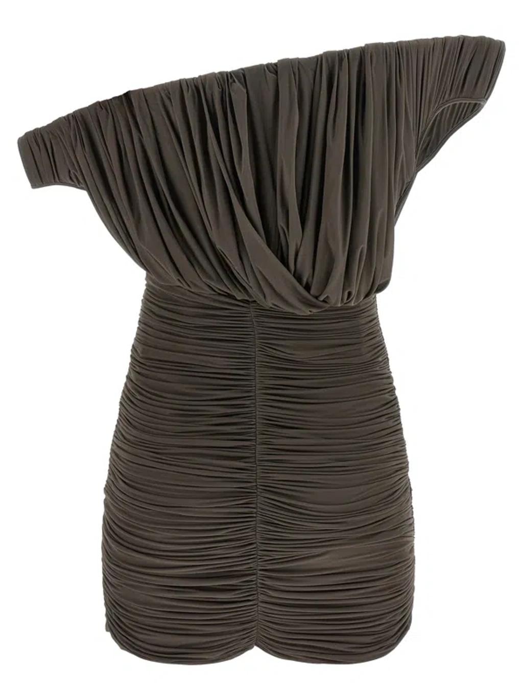 MAGDA BUTRYM Asymmetric One-shoulder Corset Dress With Ruffles In Brown Product Image