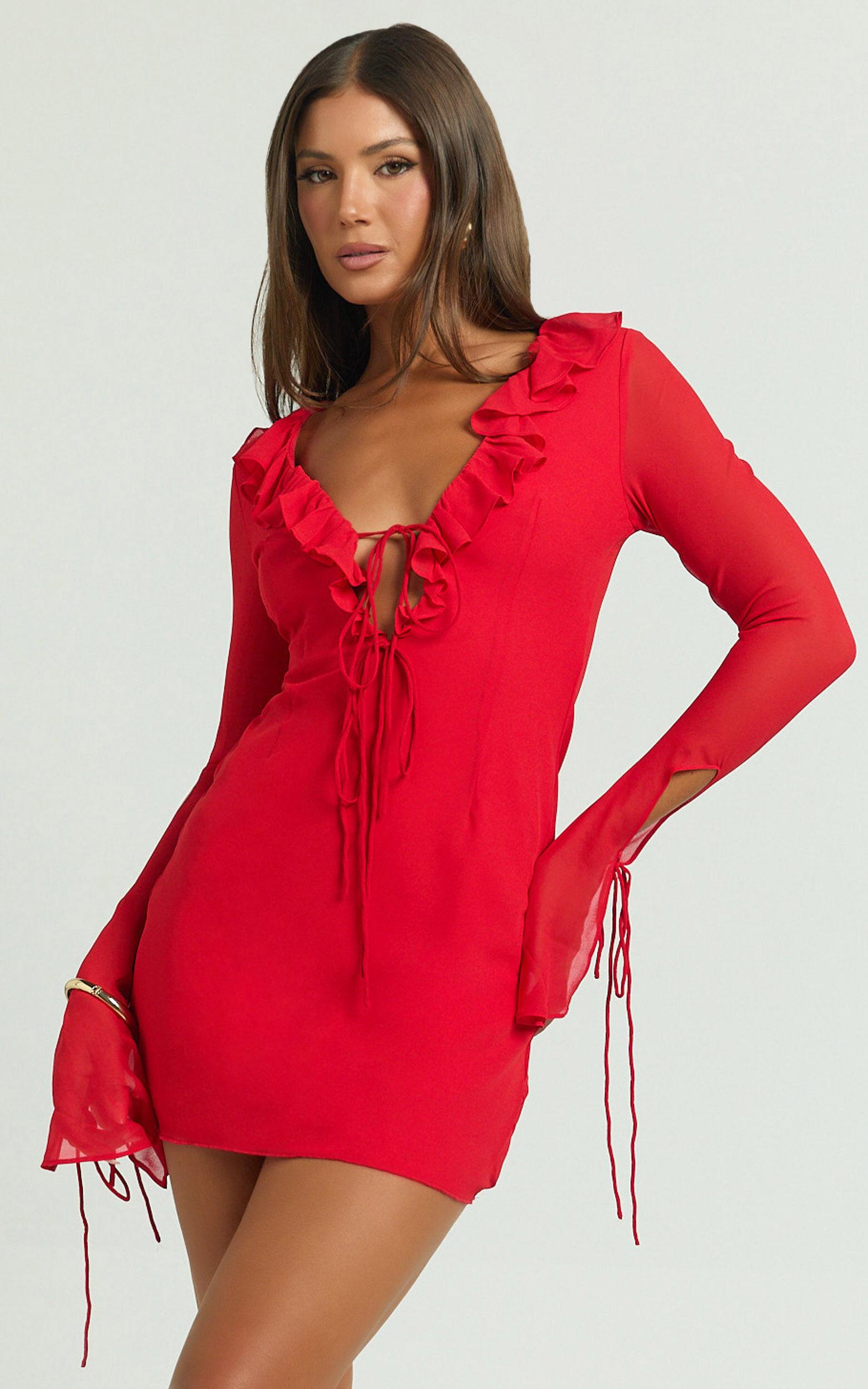 Alesya Mini Dress - Ruffle Plunge Neck Long Sleeve Tie Detail Dress in Red Product Image