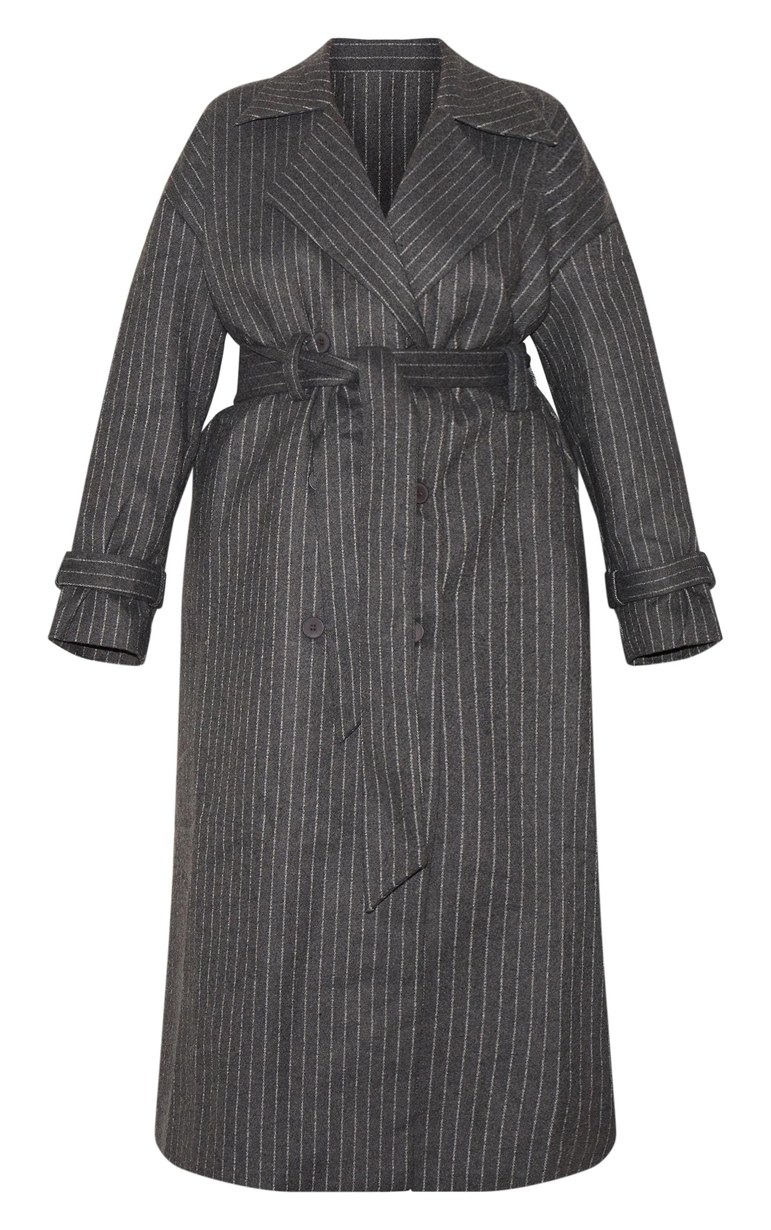 Plus Charcoal Pinstripe Wool Look Double Breasted Belted Coat Product Image