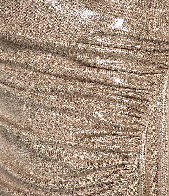 Alex Marie Jenna Foiled Metallic High Boat Neck Long Blouson Sleeve Faux Wrap Ruched Asymmetrical Hem Midi Dress Product Image