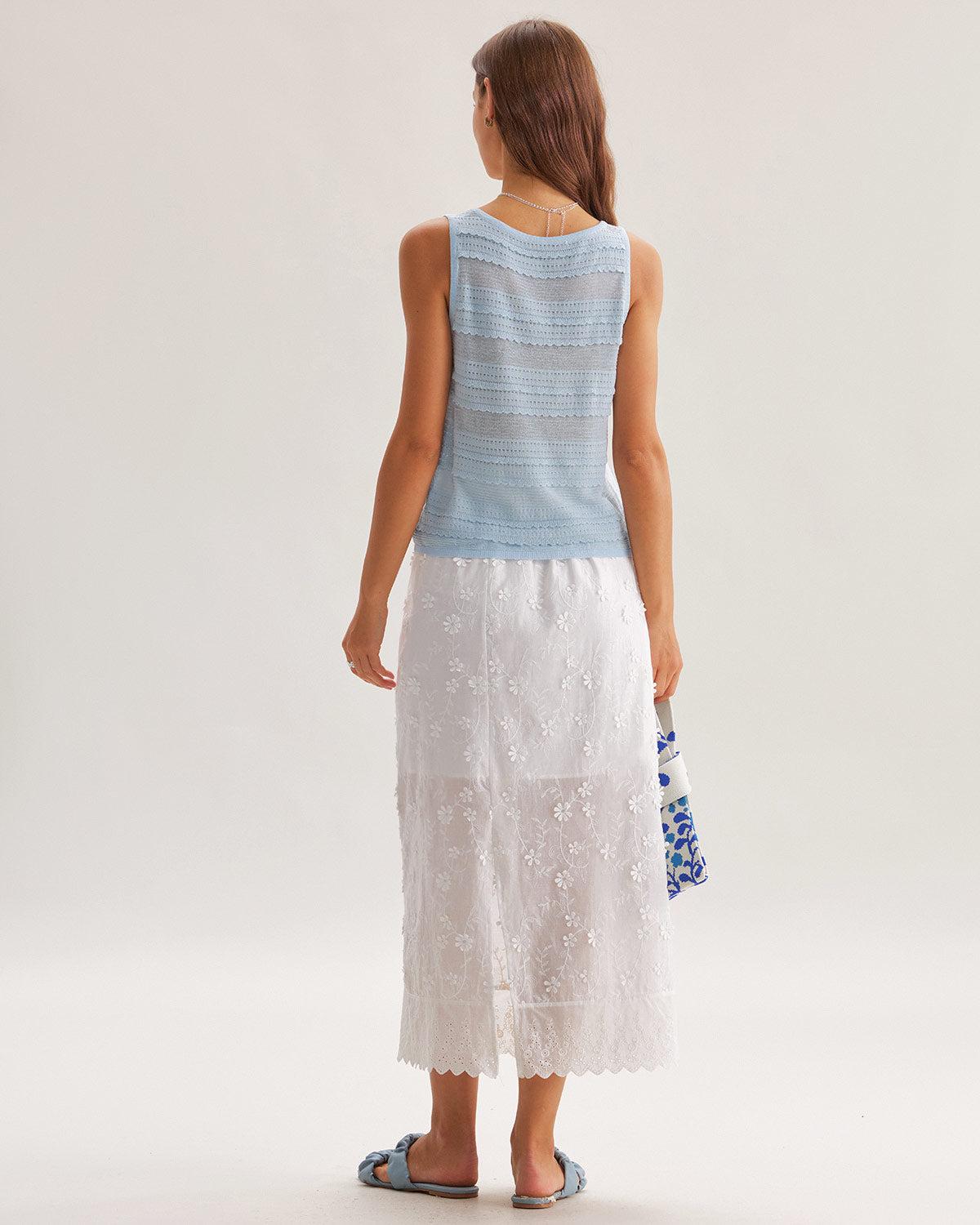 Blue Scoop Neck Crochet Tank Top Product Image