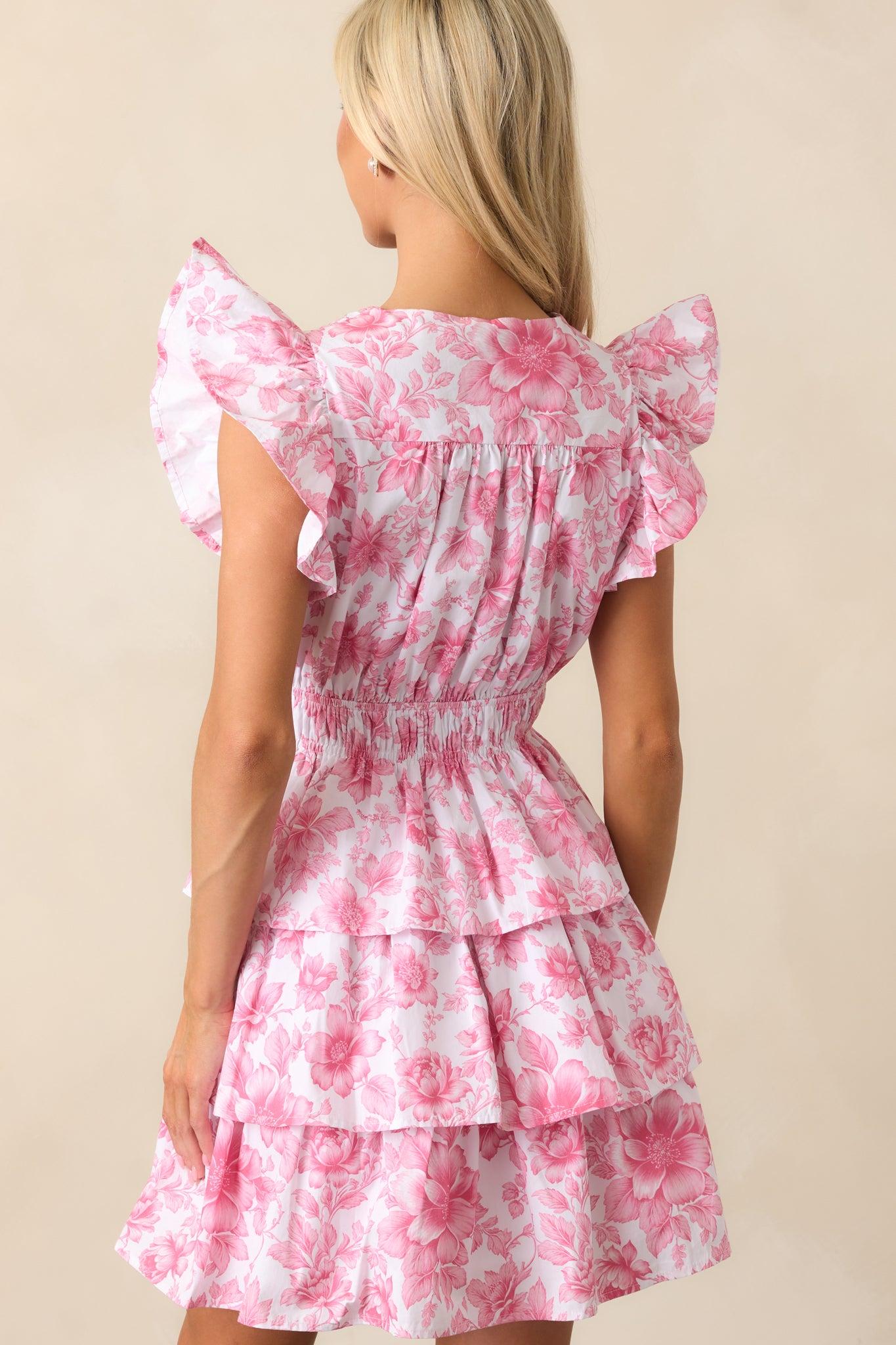 Bridget La France Dianthus Pink Floral Cotton Ruffle Mini Dress Product Image