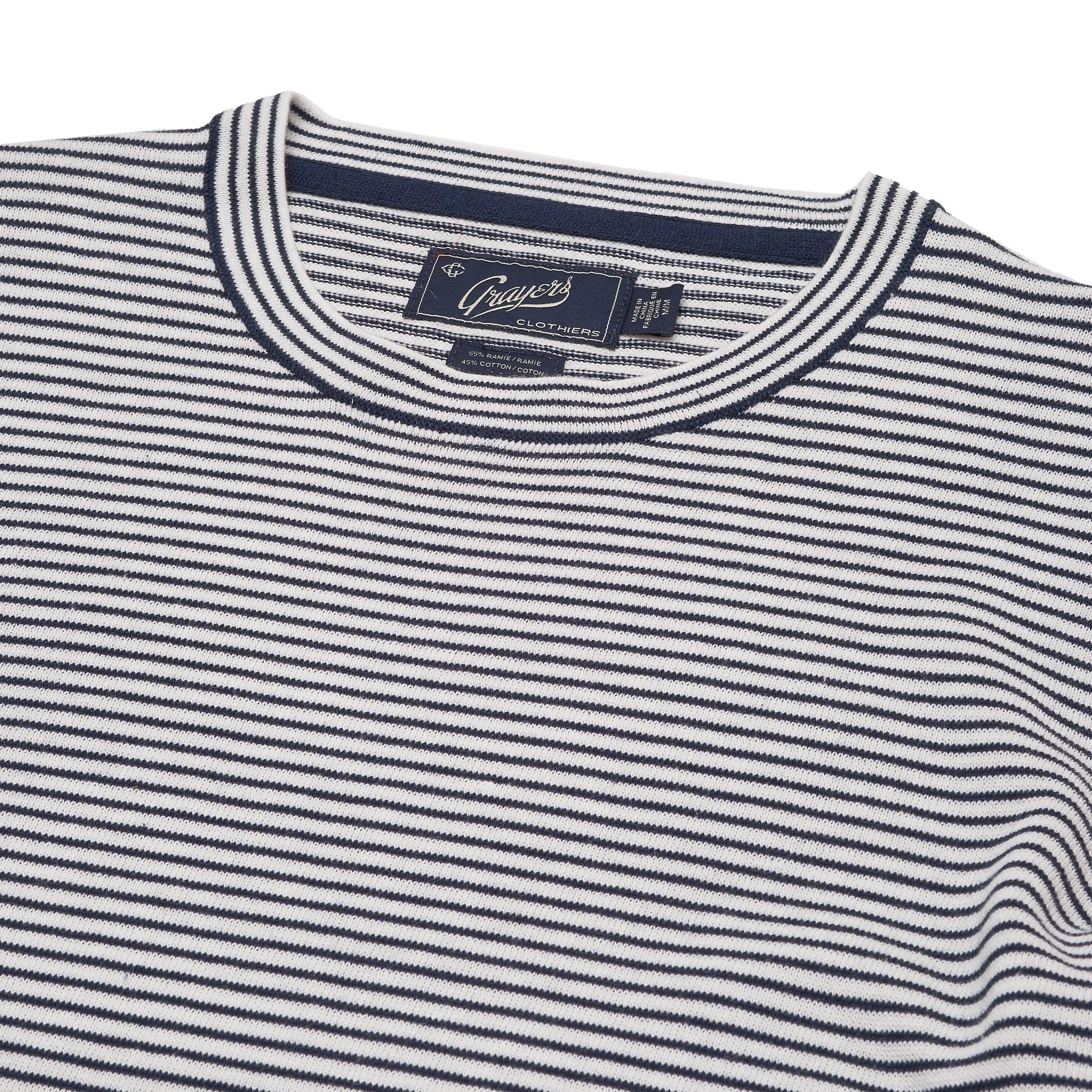 Peter Stripe Ramie Cotton  Crew - Navy Cream Stripe Product Image
