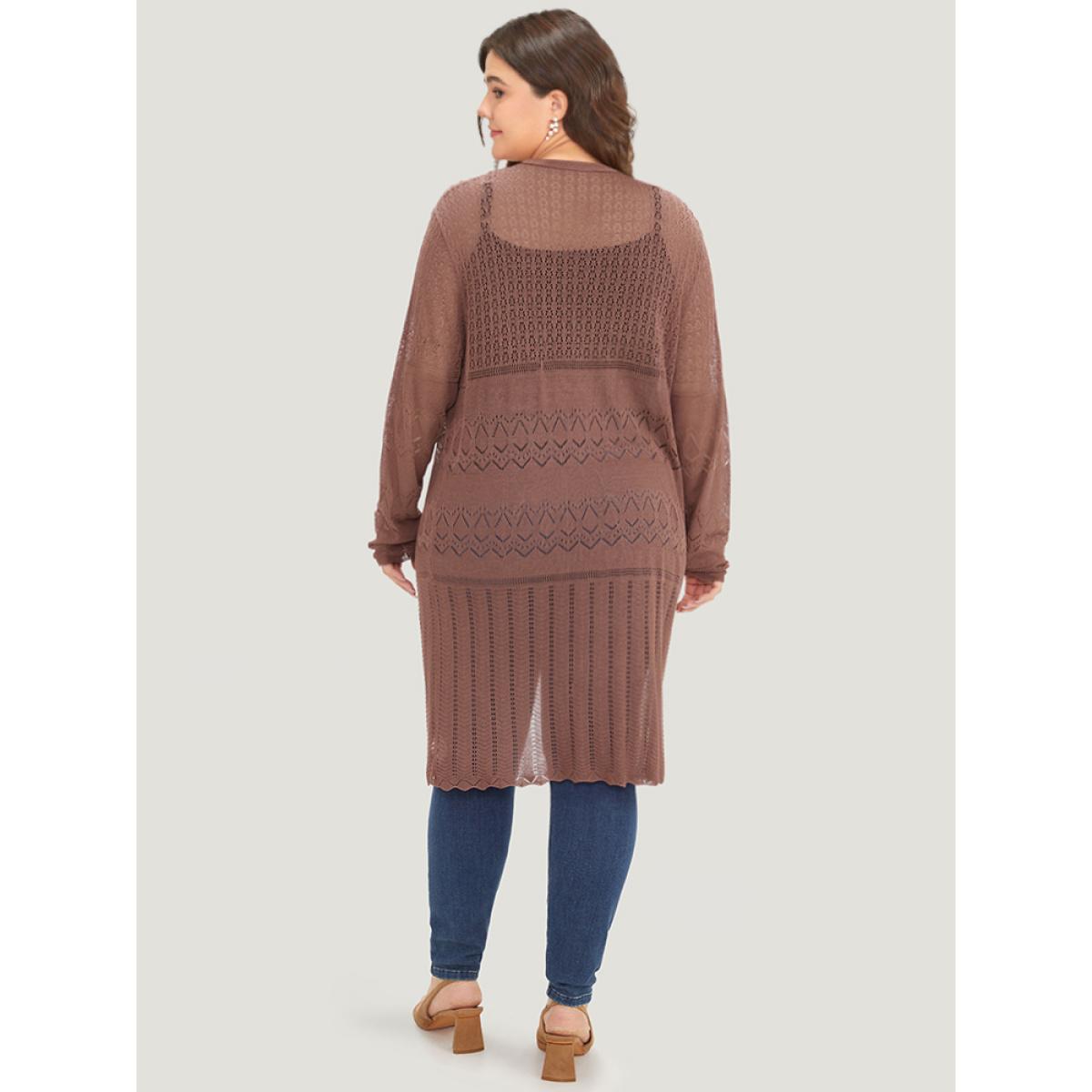 Plus Size Geometric Eyelet Open Front Maxi Cardigan Rust Women Casual Loose Long Sleeve Everyday Cardigans BloomChic 26/4X Product Image