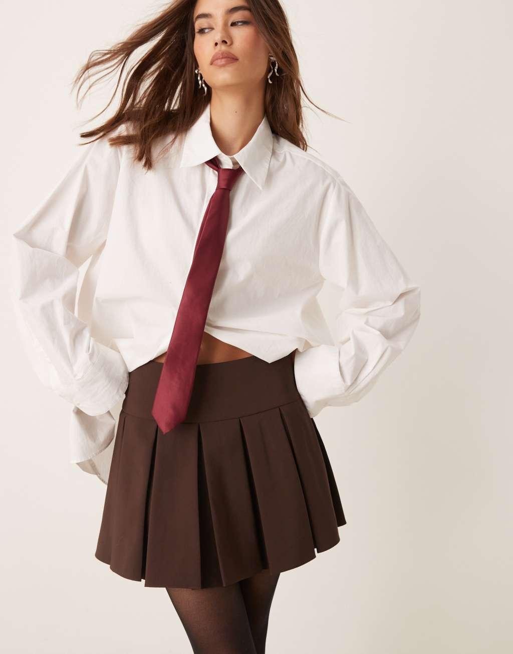 Miss Selfridge pleated mini skirt in chocolate Product Image