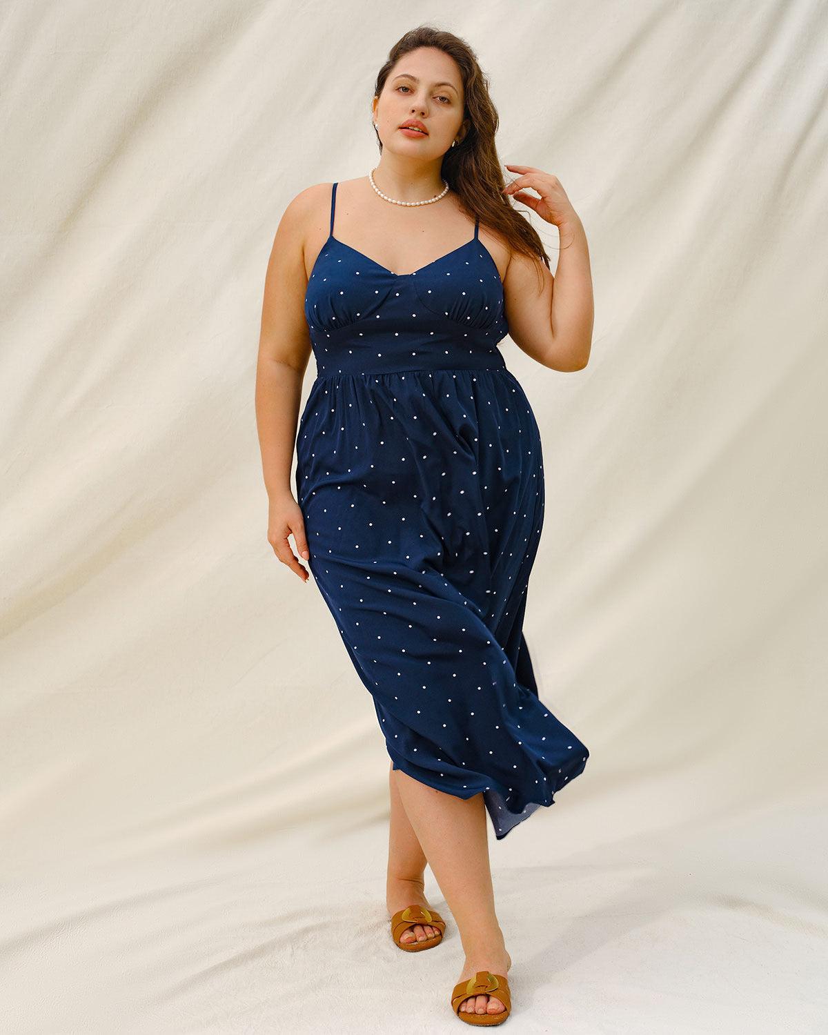 Navy Polka Dot Plus Size Slip Midi Dress Product Image