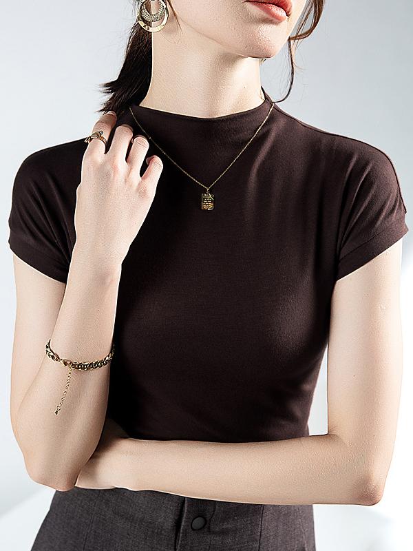 Short Sleeves Skinny Solid Color Mock Neck T-Shirts Tops Product Image