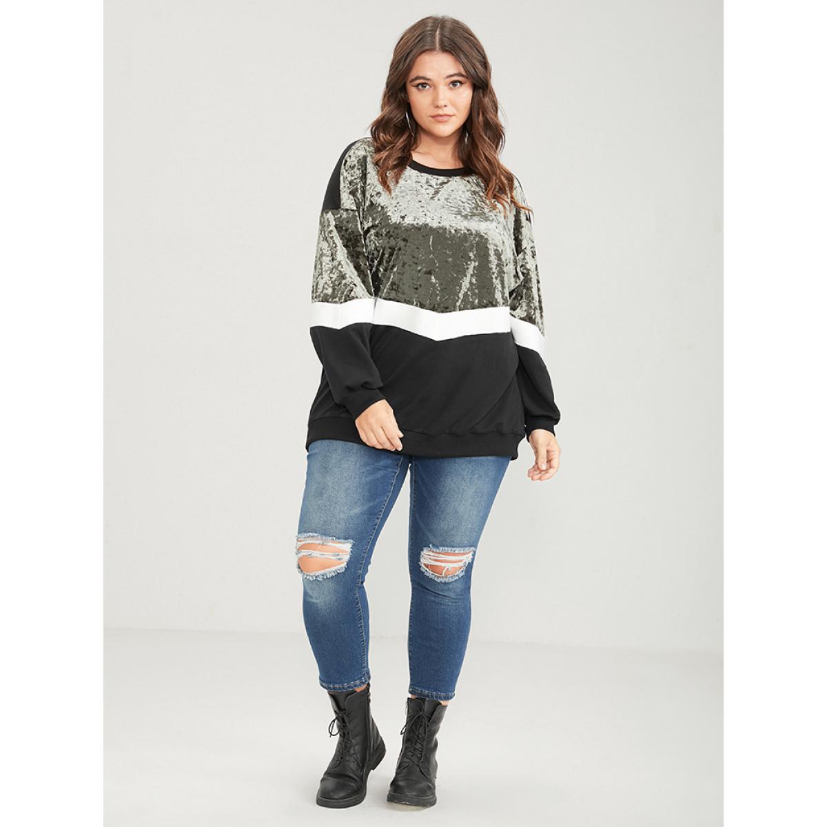 Plus Size Colorblock Contrast Velvet Patchwork Drop Shoulder Sweatshirt Women ArmyGreen Casual Patchwork Round Neck Dailywear Sweatshirts BloomChic 12/L Product Image