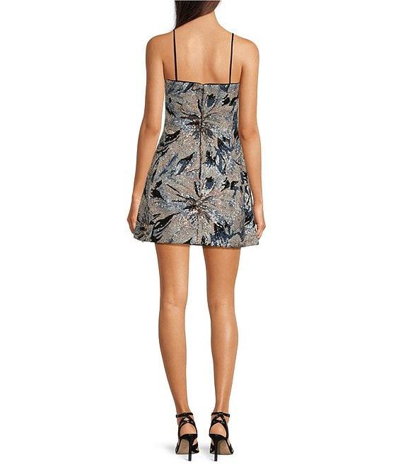 Muse by Marchesa Azalea Floral Print Novelty Sequin Straight Neck Spaghetti Strap A-Line Mini Dress Product Image