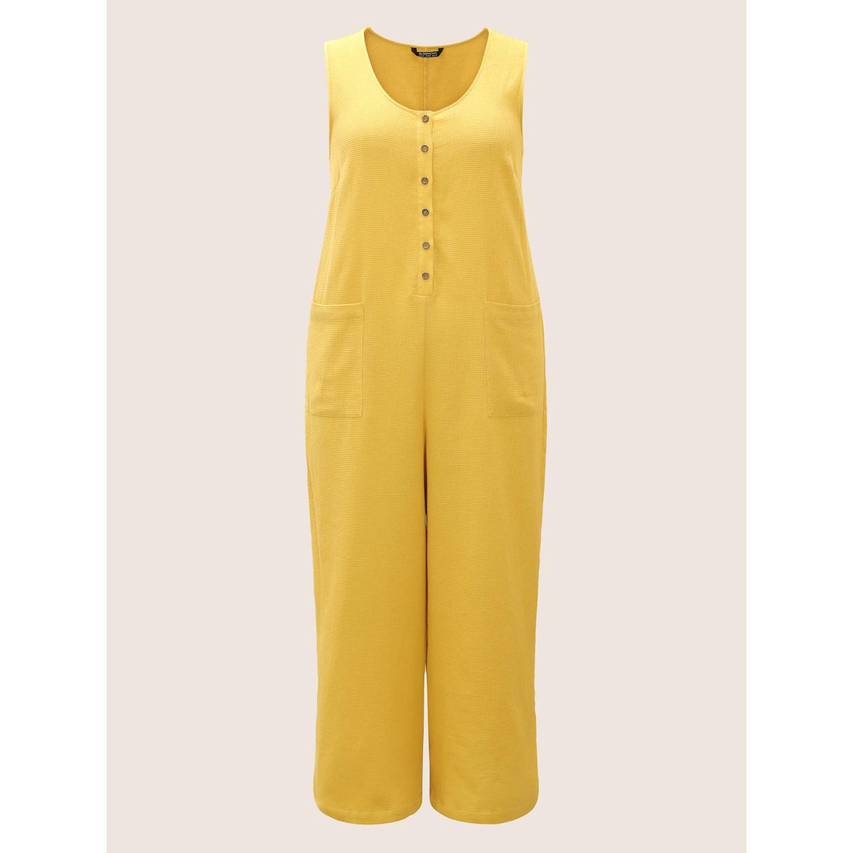 Plus Size Gold Solid Textured Scoop Neck Patched Pocket Jumpsuit Women Casual Sleeveless Everyday Loose Jumpsuits BloomChic 12/L Product Image