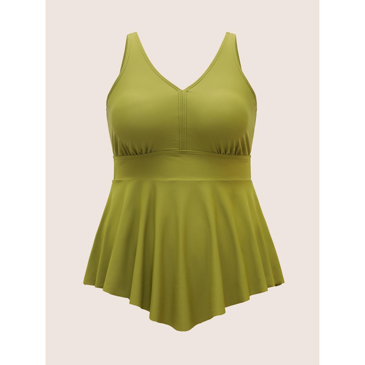 Plus Size Plain Gathered Asymmetrical Hem Swim Top Women's Swimwear Olive Beach Asymmetrical High stretch Bodycon V-neck Curve Swim Tops BloomChic 30/6X Product Image
