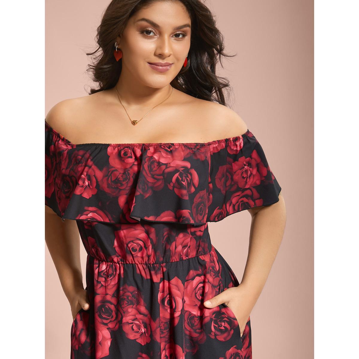 Plus Size Off-Shoulder Rose Pattern Ruffled Dress BlackFlower Women Elegant Ruffles One-shoulder neck Short sleeve Curvy BloomChic 30/6X Product Image