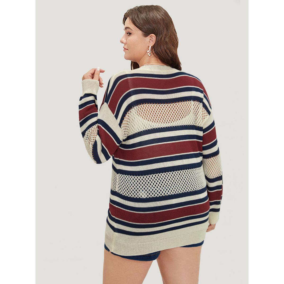 Plus Size Striped Hollow Out Patchwork Button Detail Cardigan Beige Women Casual Loose Long Sleeve Everyday Cardigans BloomChic 14-16/1X Product Image