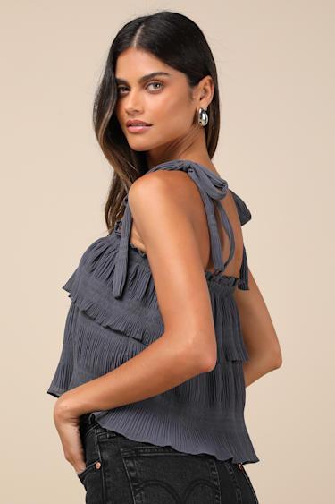 Tiers to Summer Dark Slate Blue Tie-Strap Tiered Tank Top Product Image