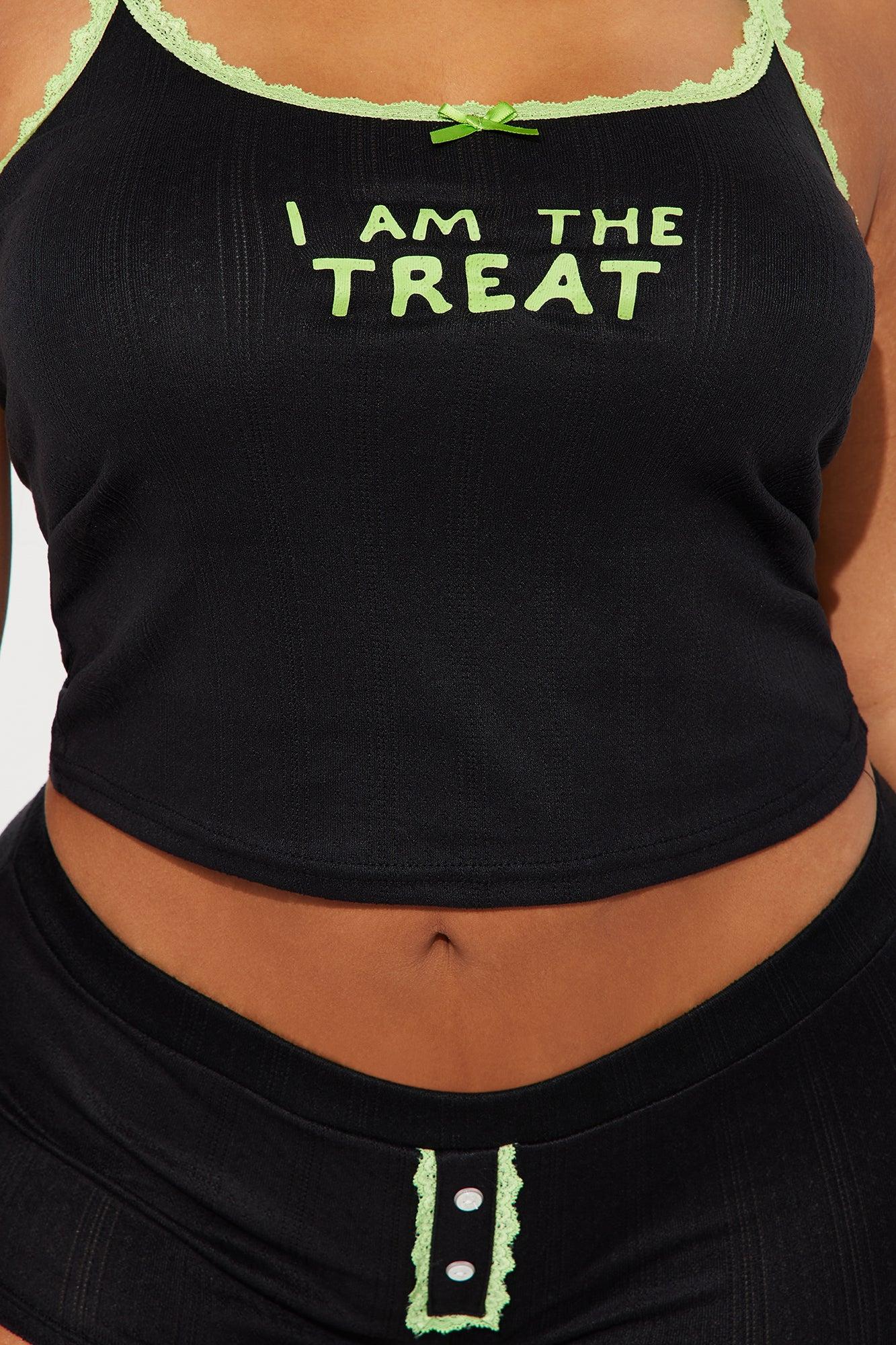I Am The Treat Halloween 2 Piece Pointelle Cami And Panty Set - Black/Green Female Product Image