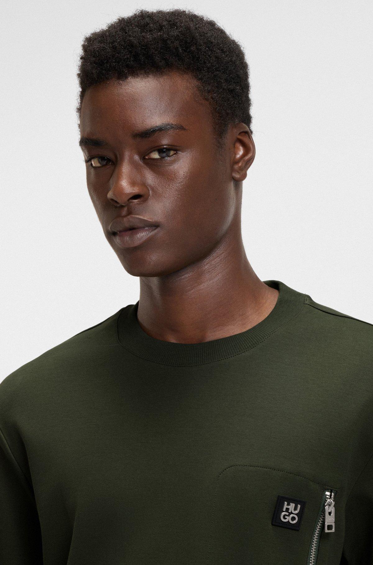 HUGO - Interlock-cotton T-shirt with zip pocket - Dark Green Product Image