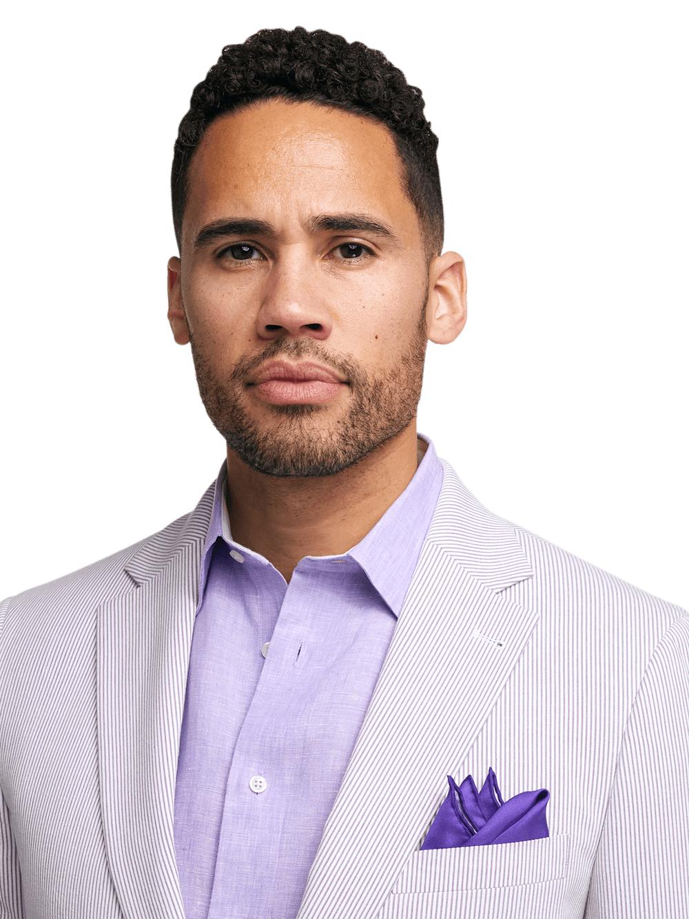 Cotton Stretch Stripe Seersucker Single Breasted Notch Lapel Suit Jacket - Purple/white Product Image