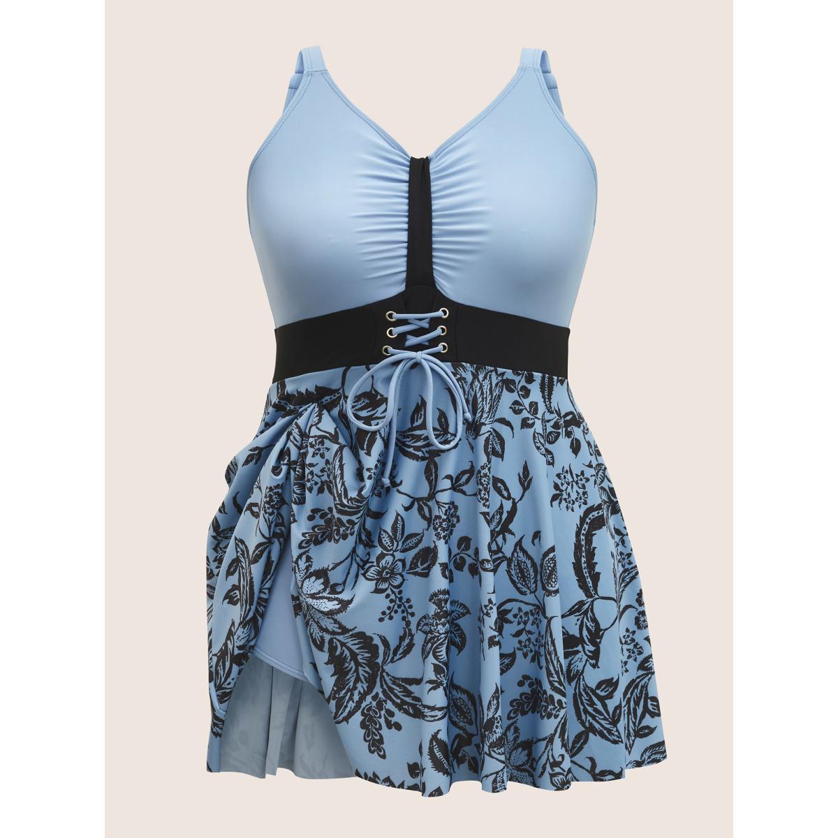 Plus Size Silhouette Floral Print Ruched Lace Up Swim Dress Women's Swimwear Stone Beach Bodycon V-neck High stretch Curve Swim Dresses BloomChic 26/4X Product Image