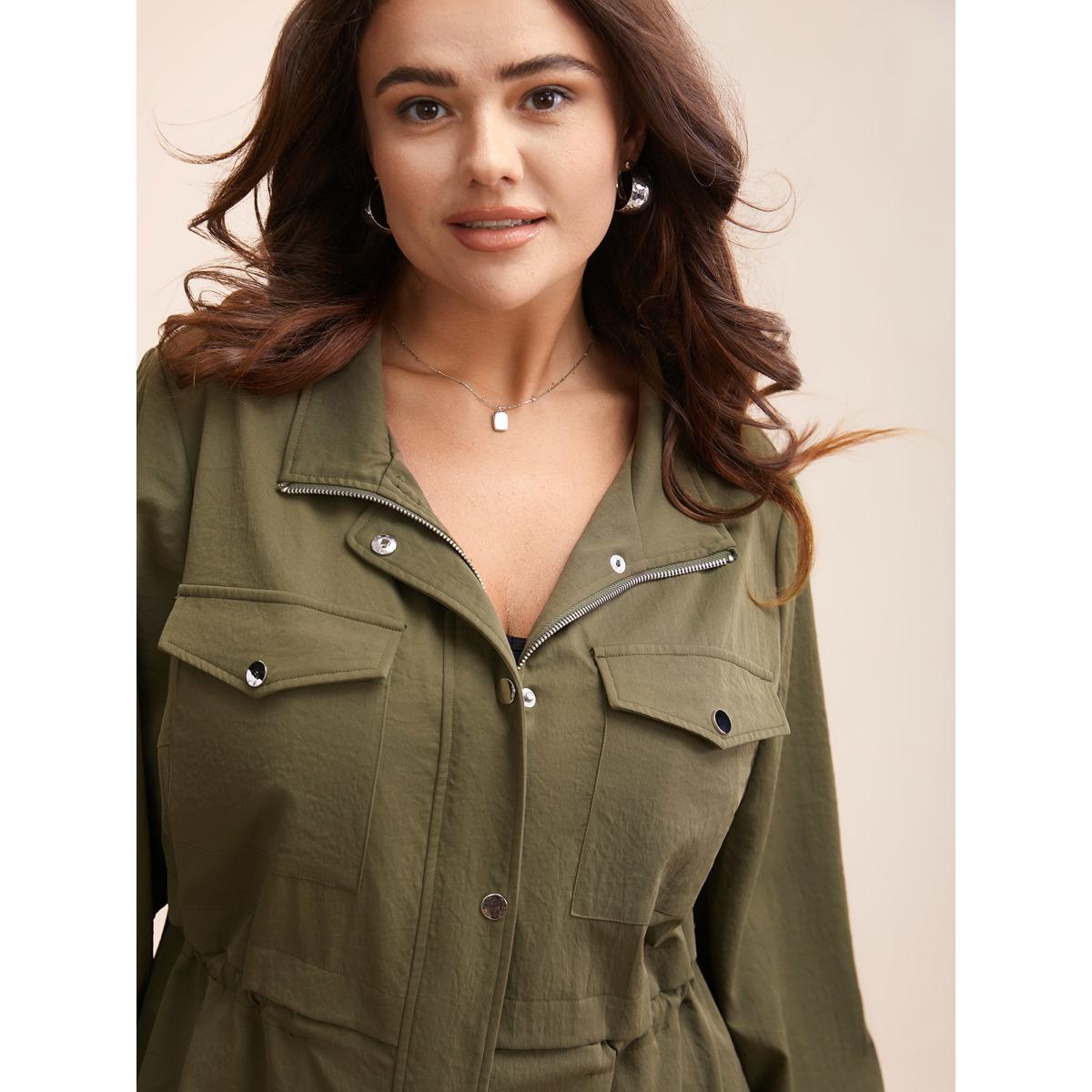 Plus Size Solid Flap Pocket Drawstring Jacket Women ArmyGreen Drawstring Side seam pocket Everyday Jackets BloomChic 26/4X Product Image