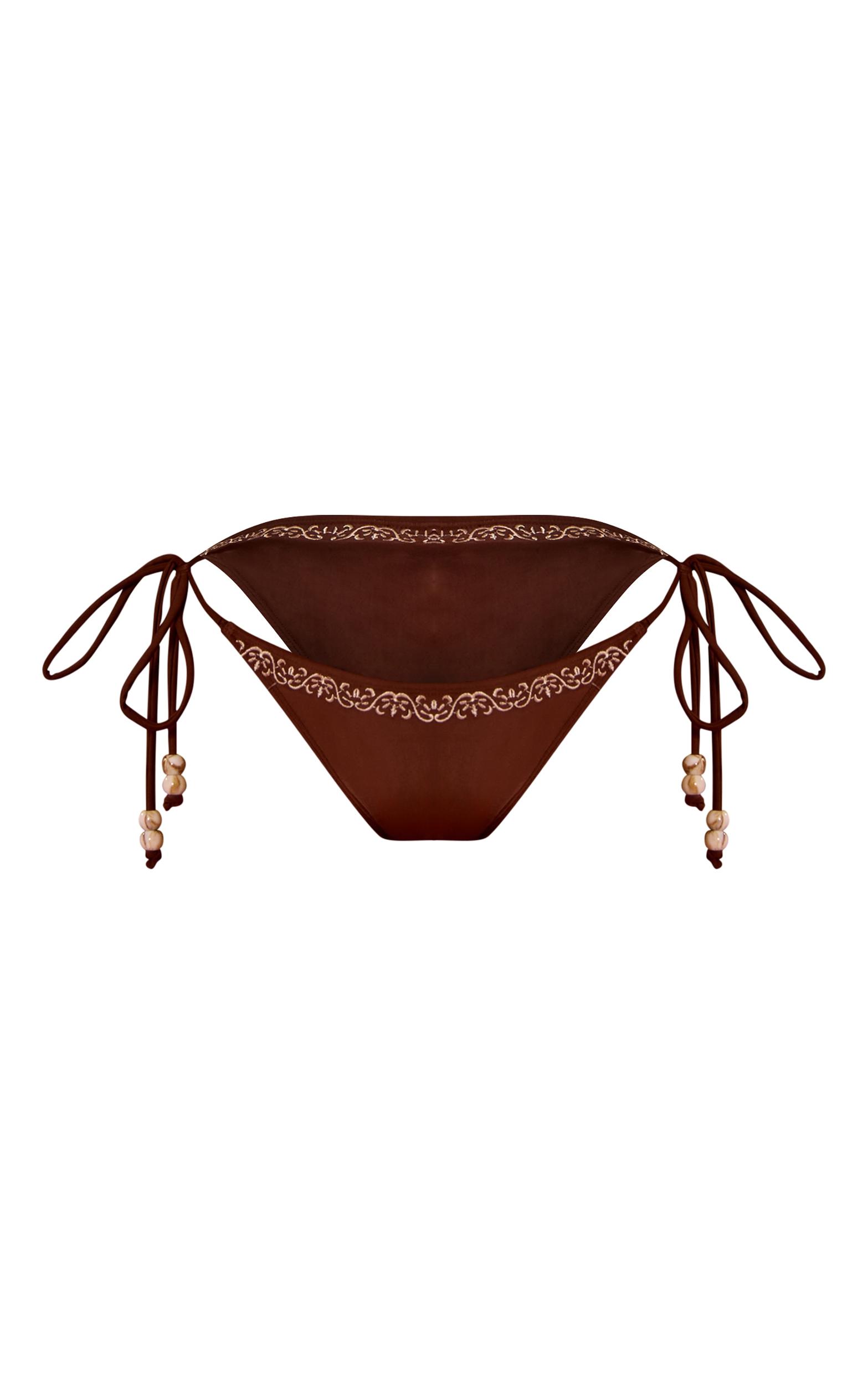 Chocolate Embroidered Bead Detail Tie Side Bikini Bottoms Product Image