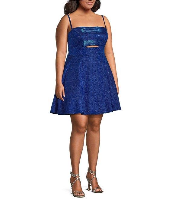 City Vibe Plus Size Glitter Spaghetti Strap Cutout Skater Dress Product Image