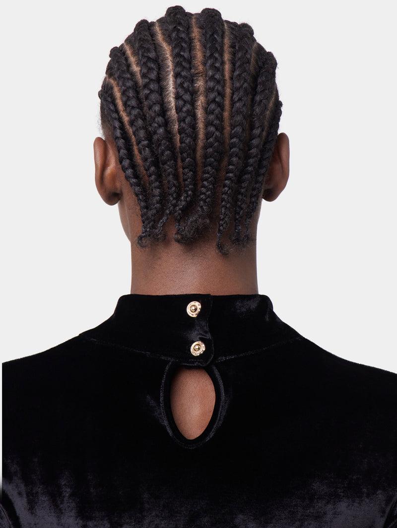 BLACK LONG-SLEEVED DRAPE TOP IN VELVET Product Image