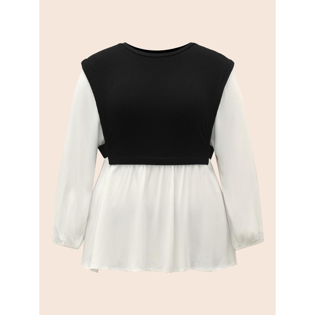 Plus Size Multicolor Round Neck Patchwork Contrast Gathered Blouse Women Casual Long Sleeve Round Neck Everyday Blouses BloomChic 22-24/3X Product Image