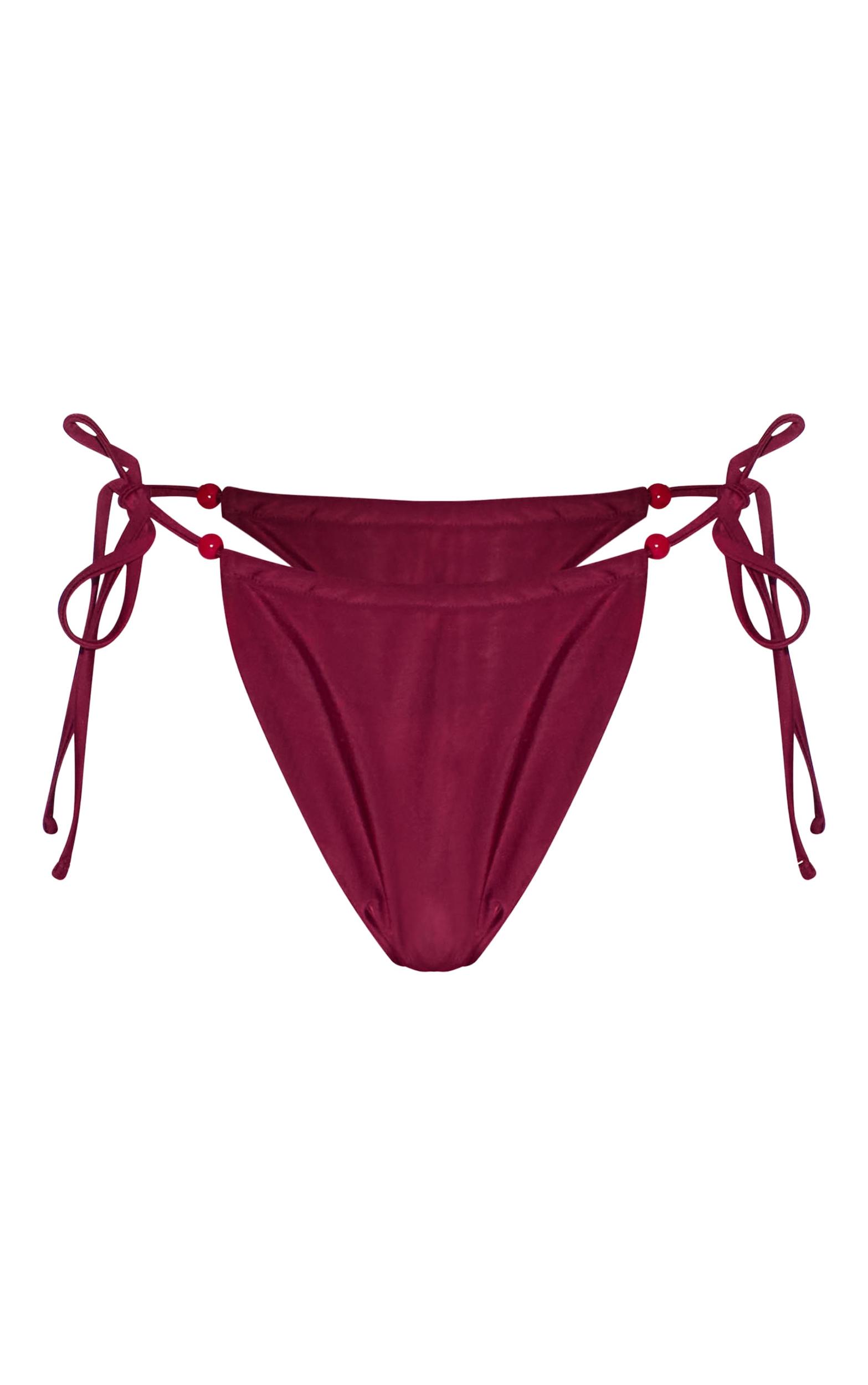 Burgundy Beaded Tie Side Bikini Bottoms Product Image